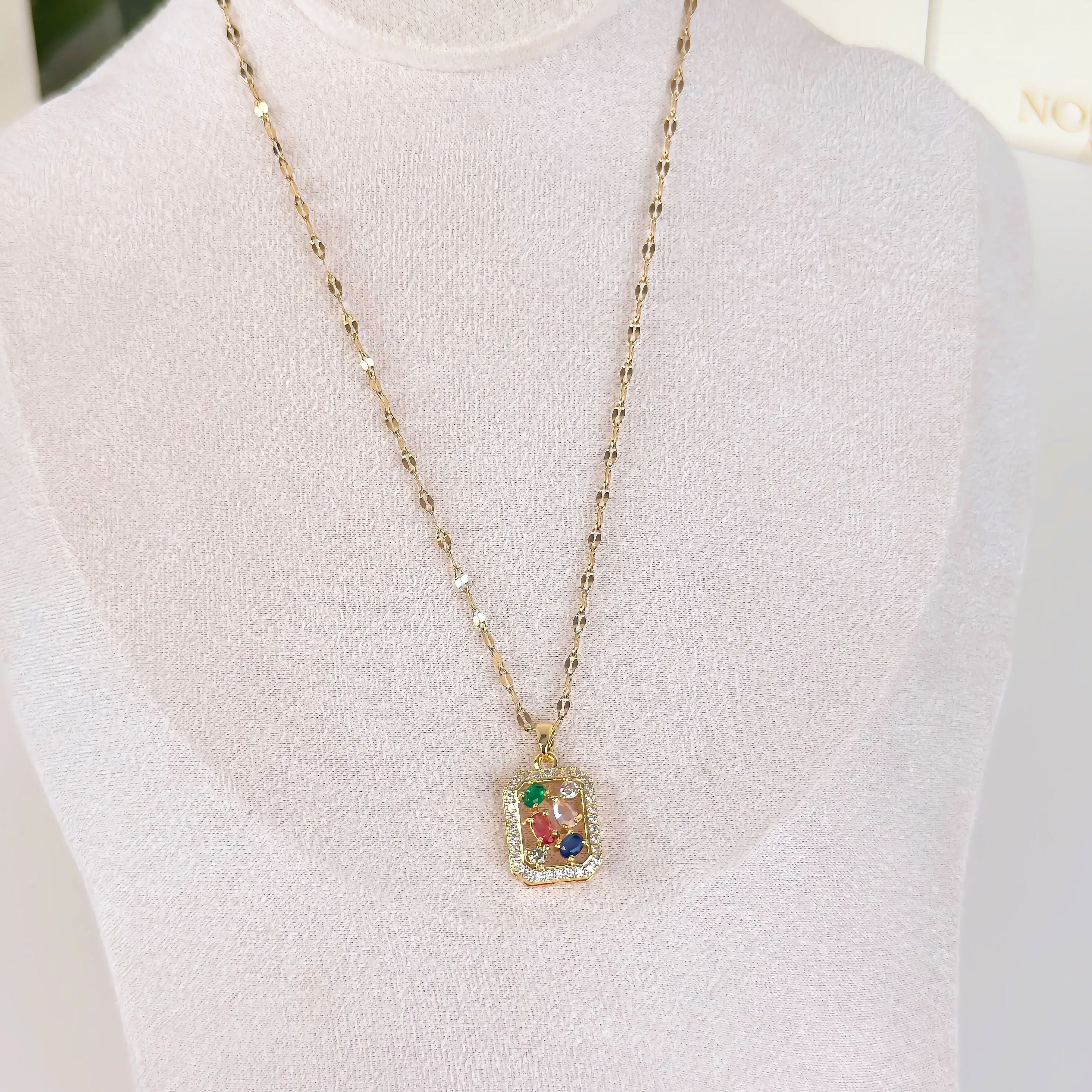 Rainbow Gemstone Necklace Waterproof Tarnish-Free Gold Pendant Necklace