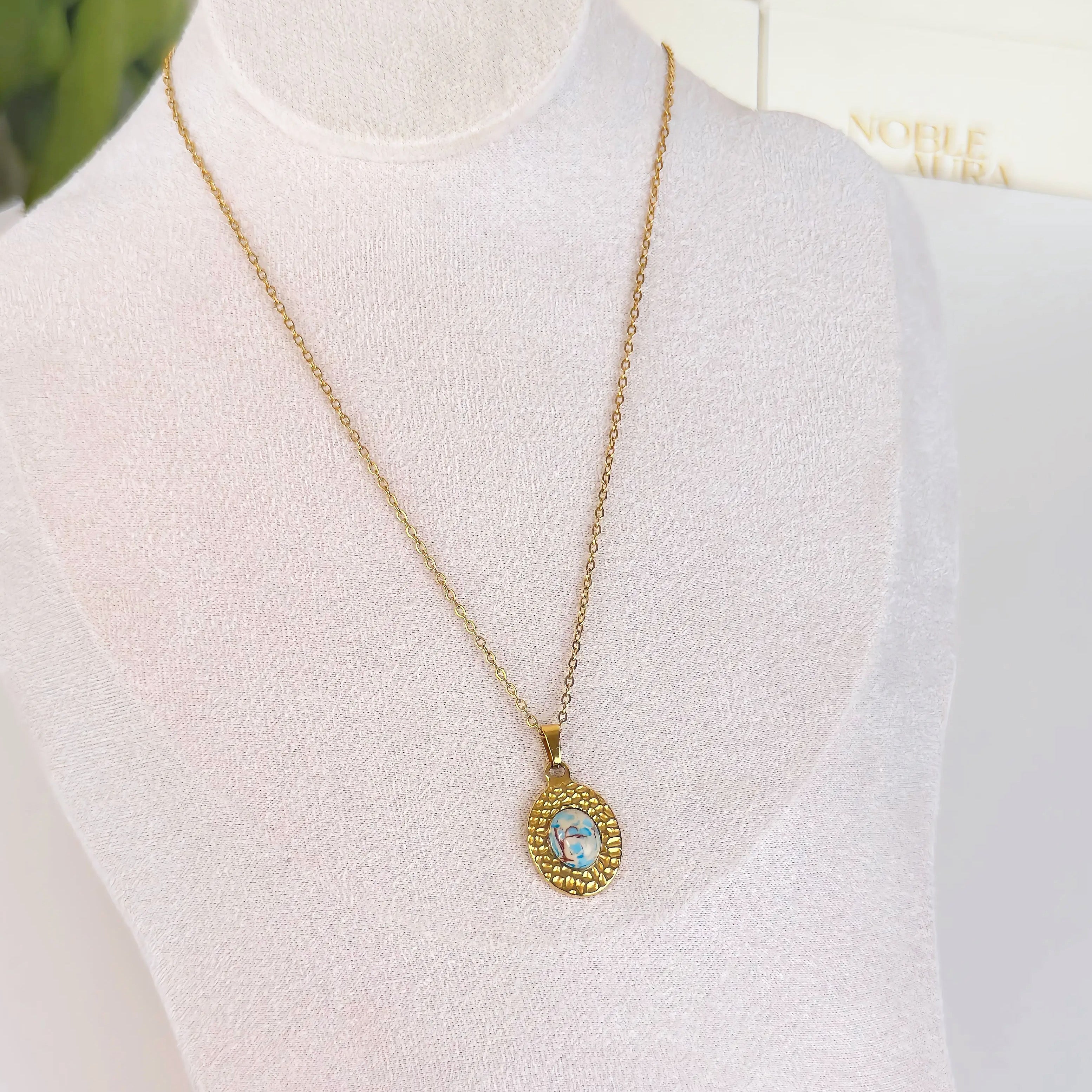 Blue Stone Boho Necklace Waterproof Tarnish-Free Gold Pendant Necklace