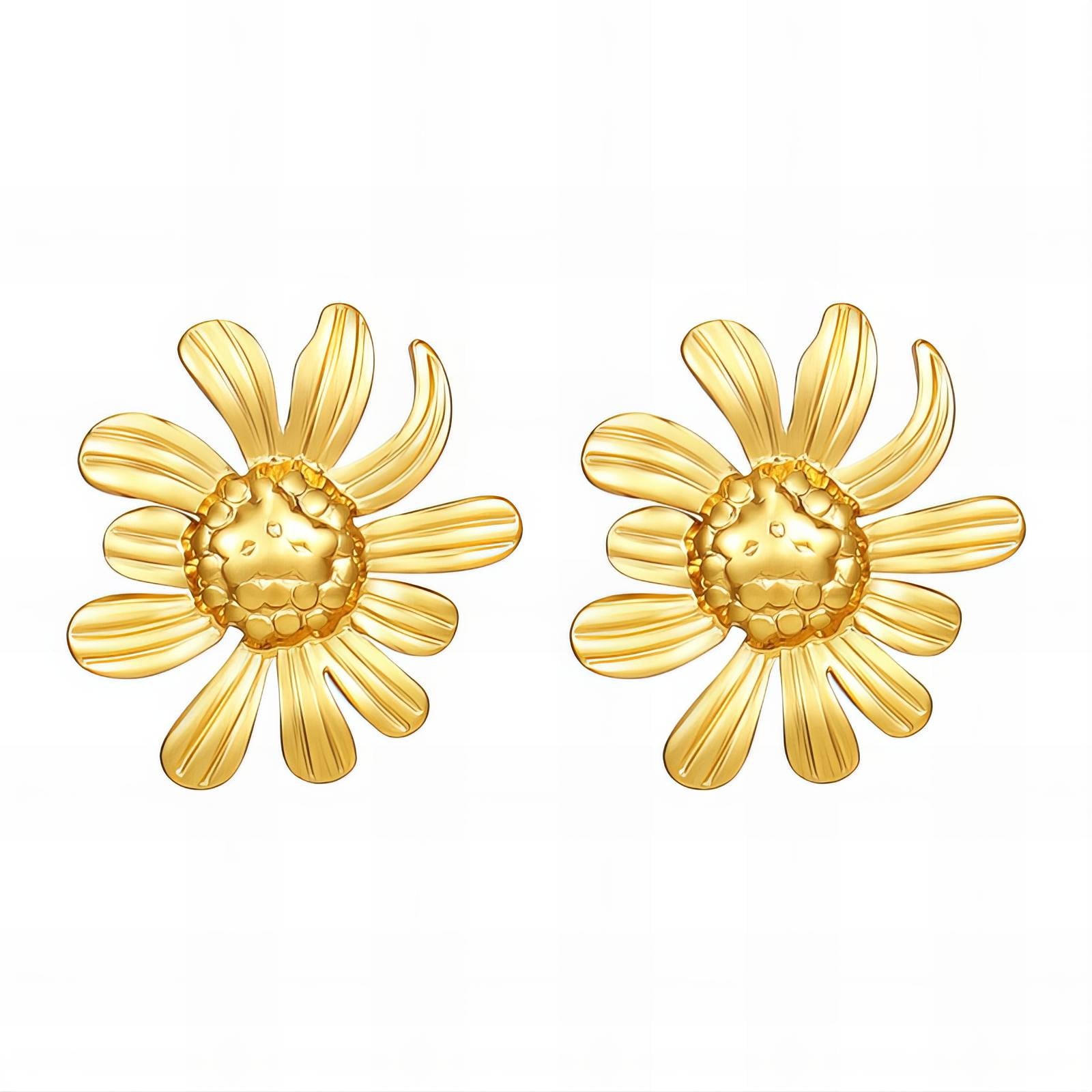 Gold daisy bloom stud earrings with floral detailing by Noble Aura UK