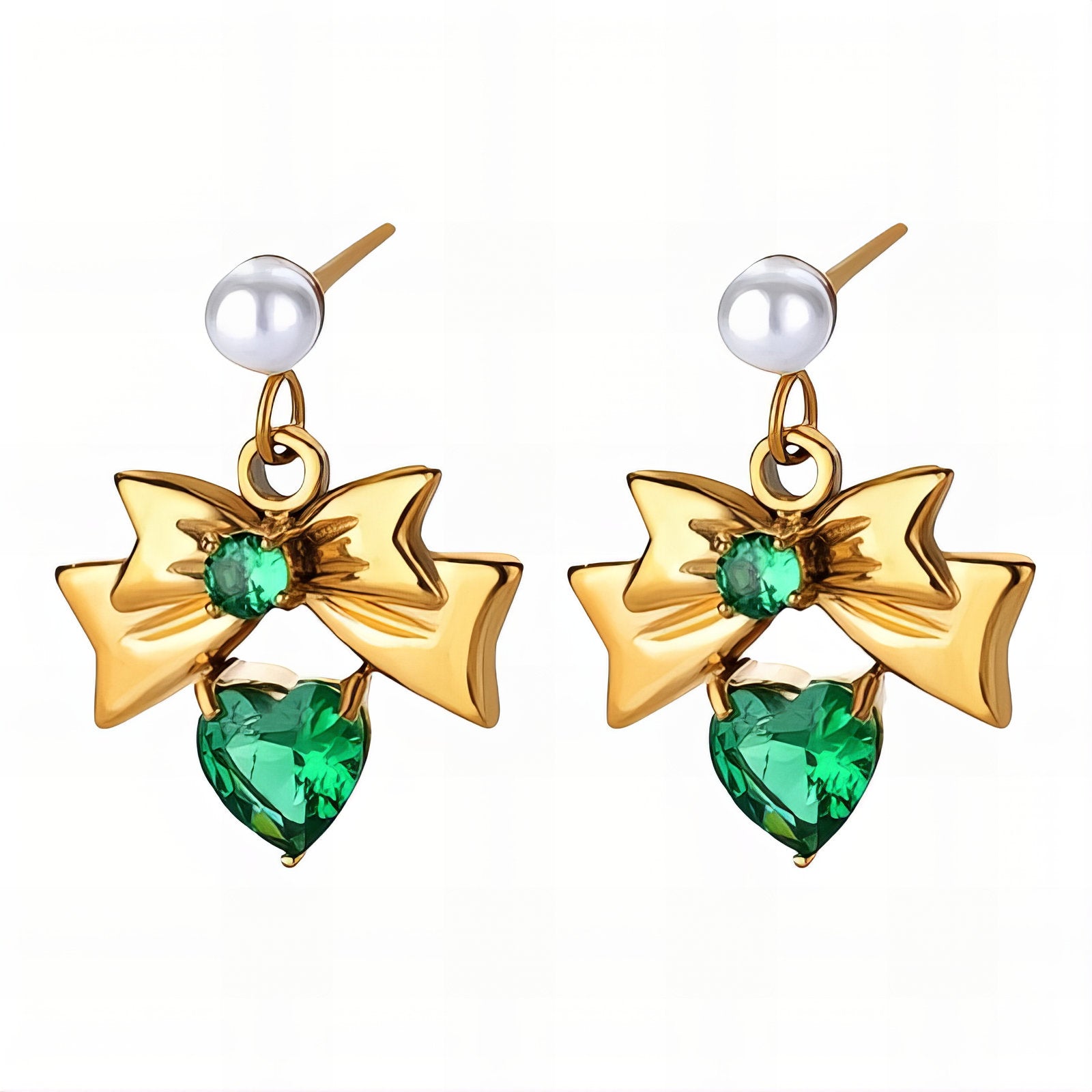 Emerald bow heart drop earrings with pearl stud detail by Noble Aura UK
