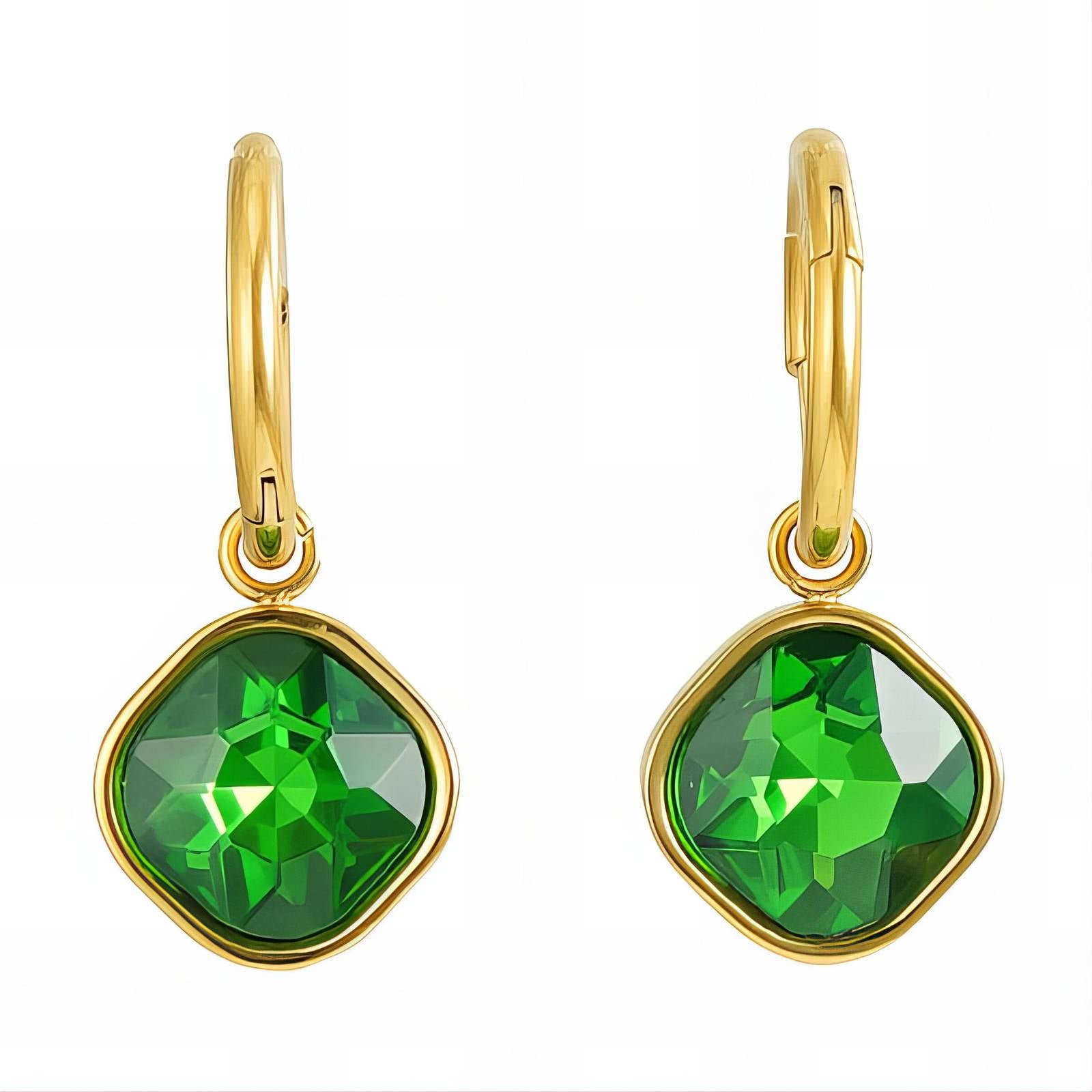 Gold earrings with emerald green crystal detailing by Noble Aura UK