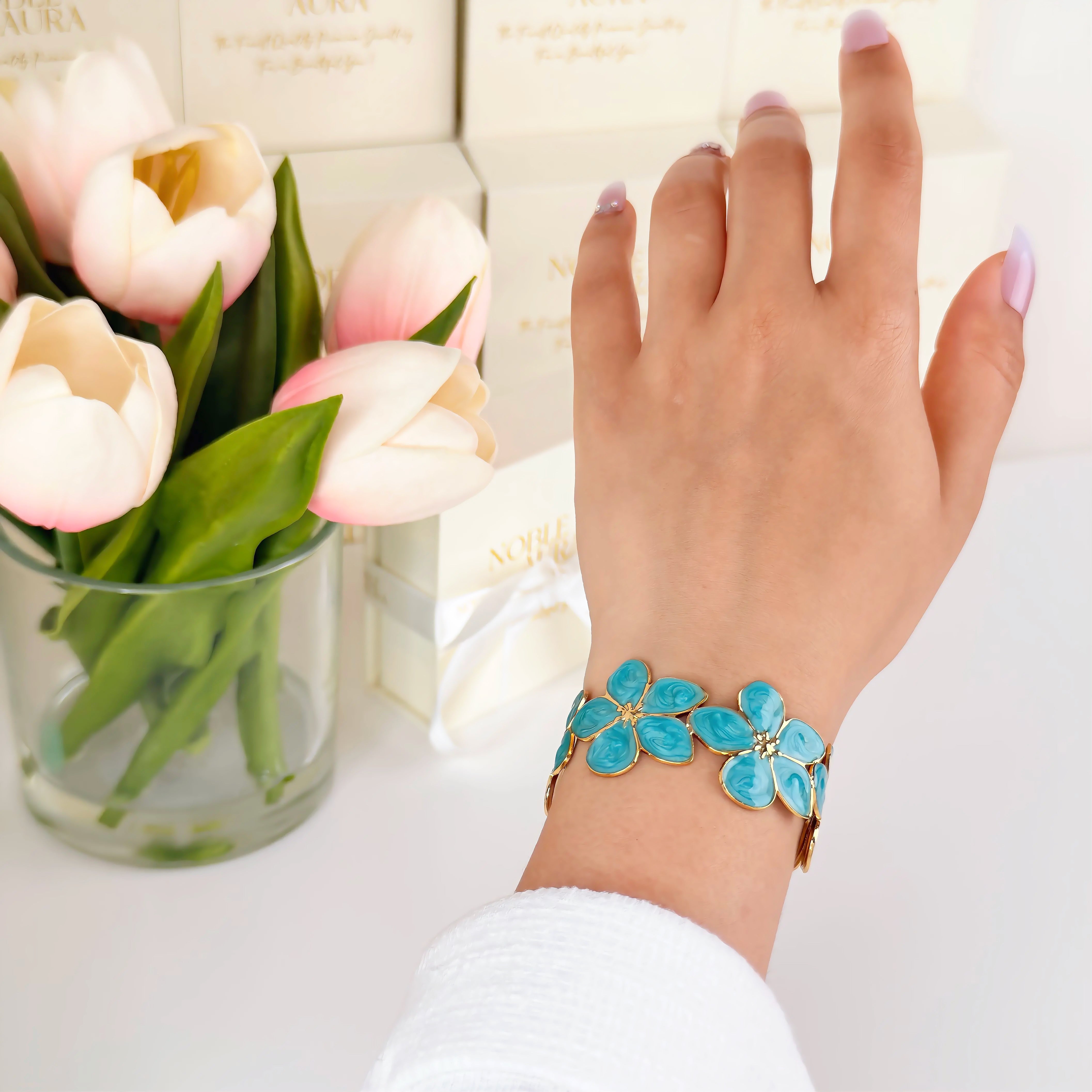 Blue Floral Bangle Waterproof Tarnish-Free Floral Bracelet