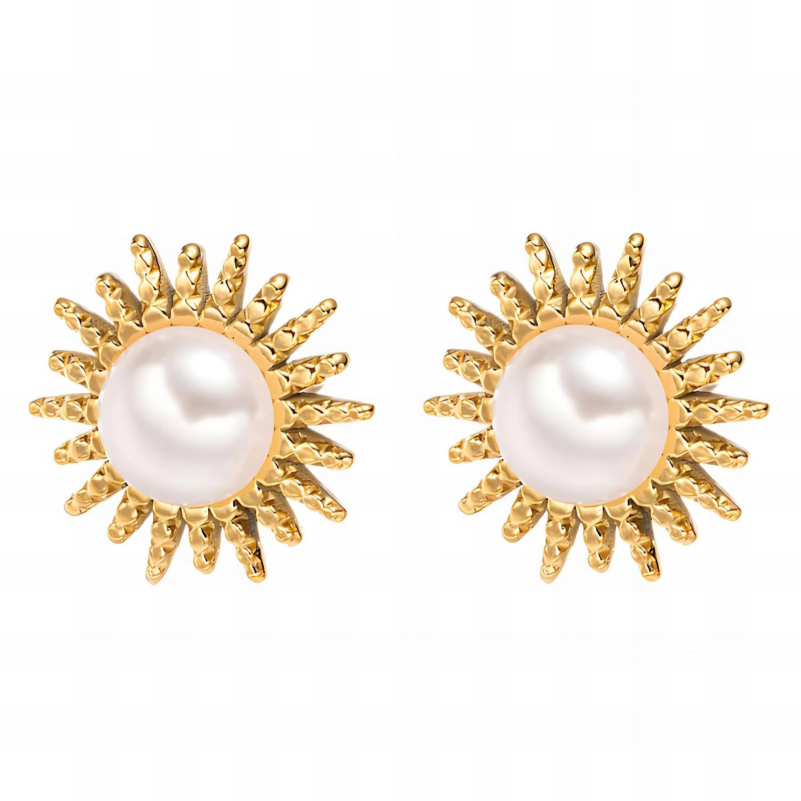 Gold sunburst pearl stud earrings in baroque inspired design by Noble Aura UK