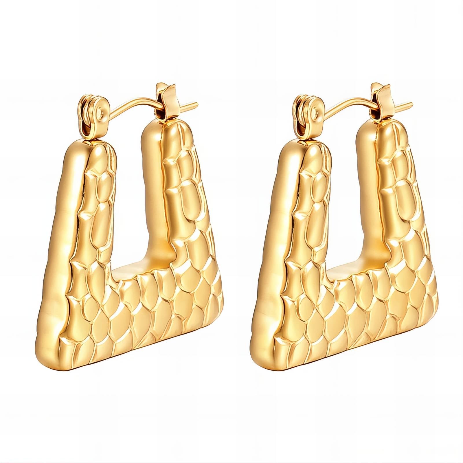 Gold geometric hoop earrings with textured finish by Noble Aura UK