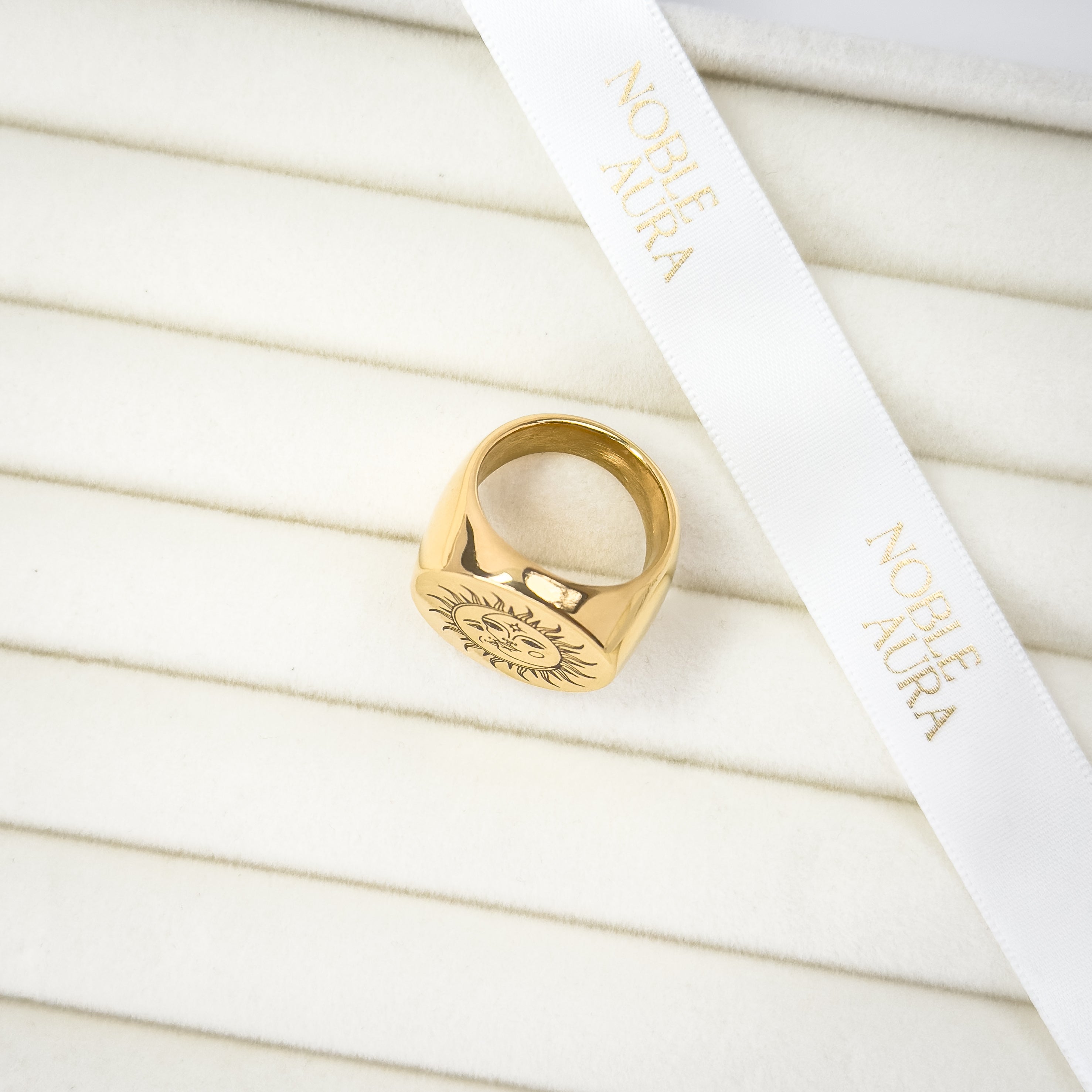 Sun and moon celestial gold signet ring limited edition design by Noble Aura UK