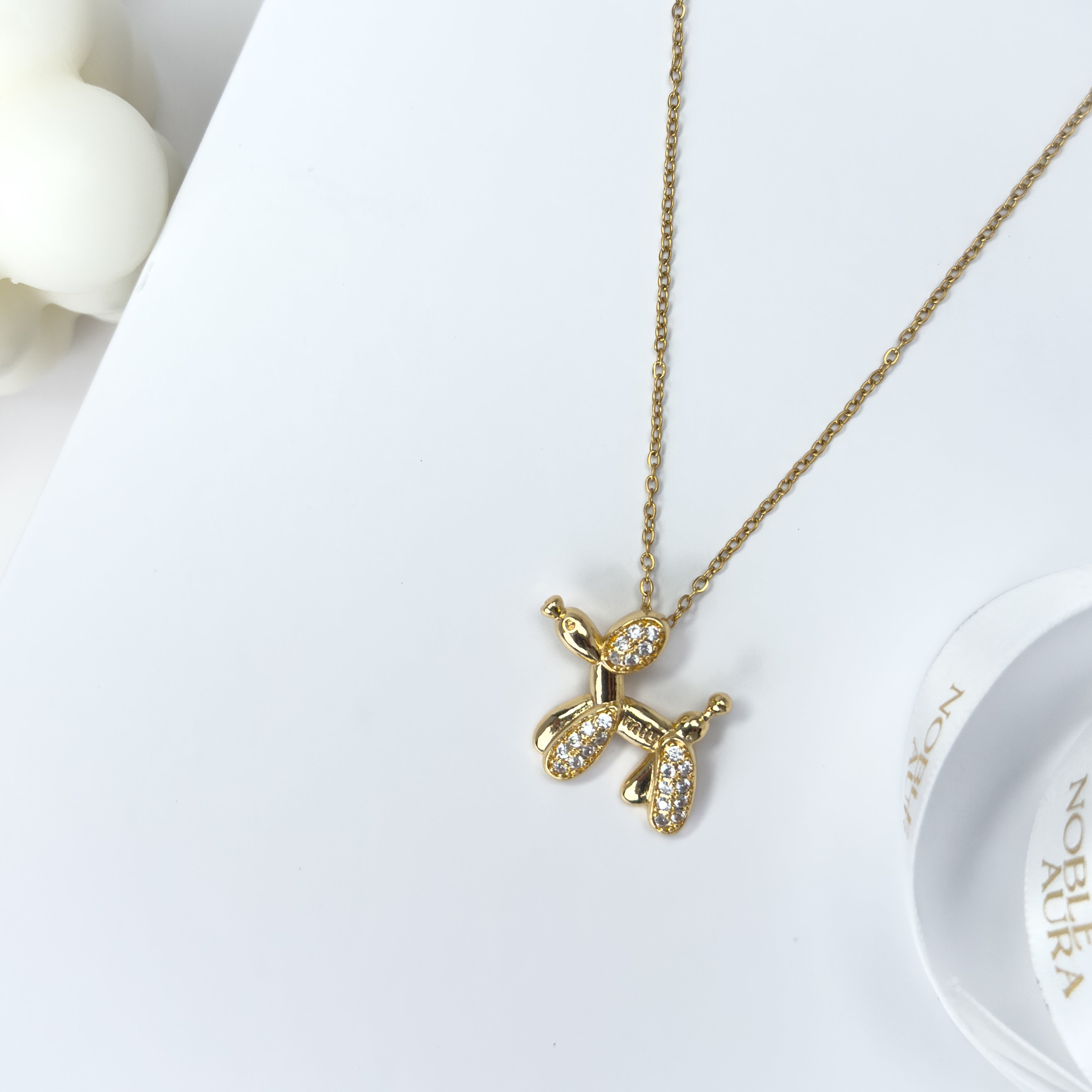 Gold Balloon Dog Pendant Necklace - With Crystals