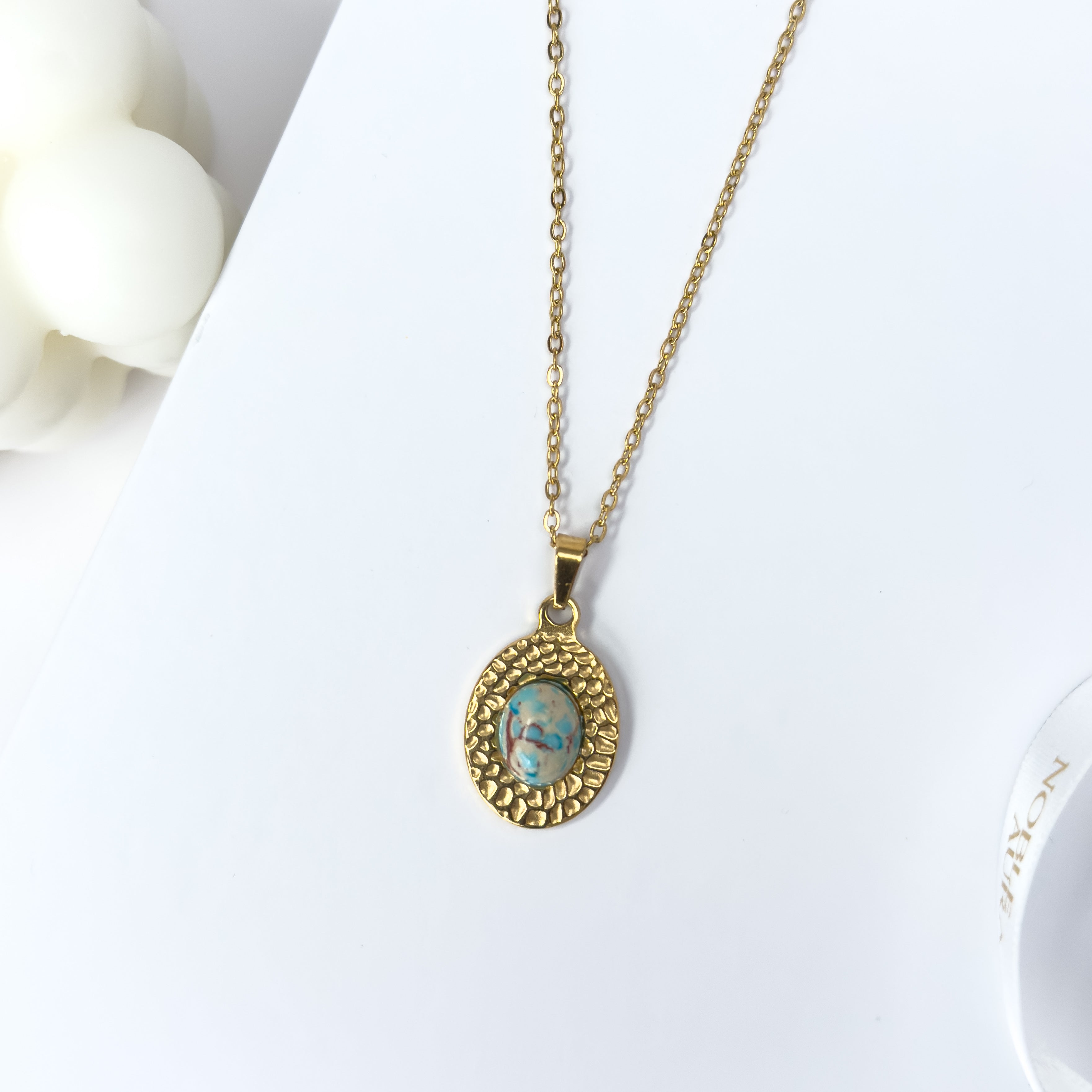 Boho Necklace with Abstract Blue Stone Textured Pendant