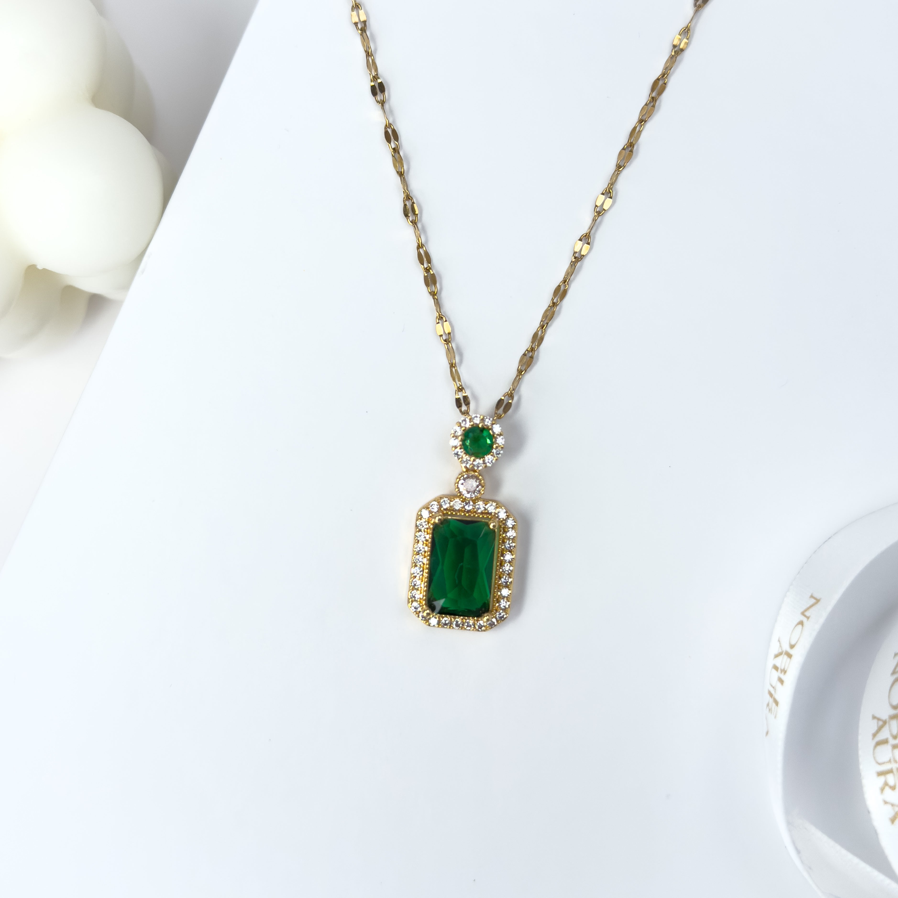 Emerald Green Pendant Necklace with Halo Crystals
