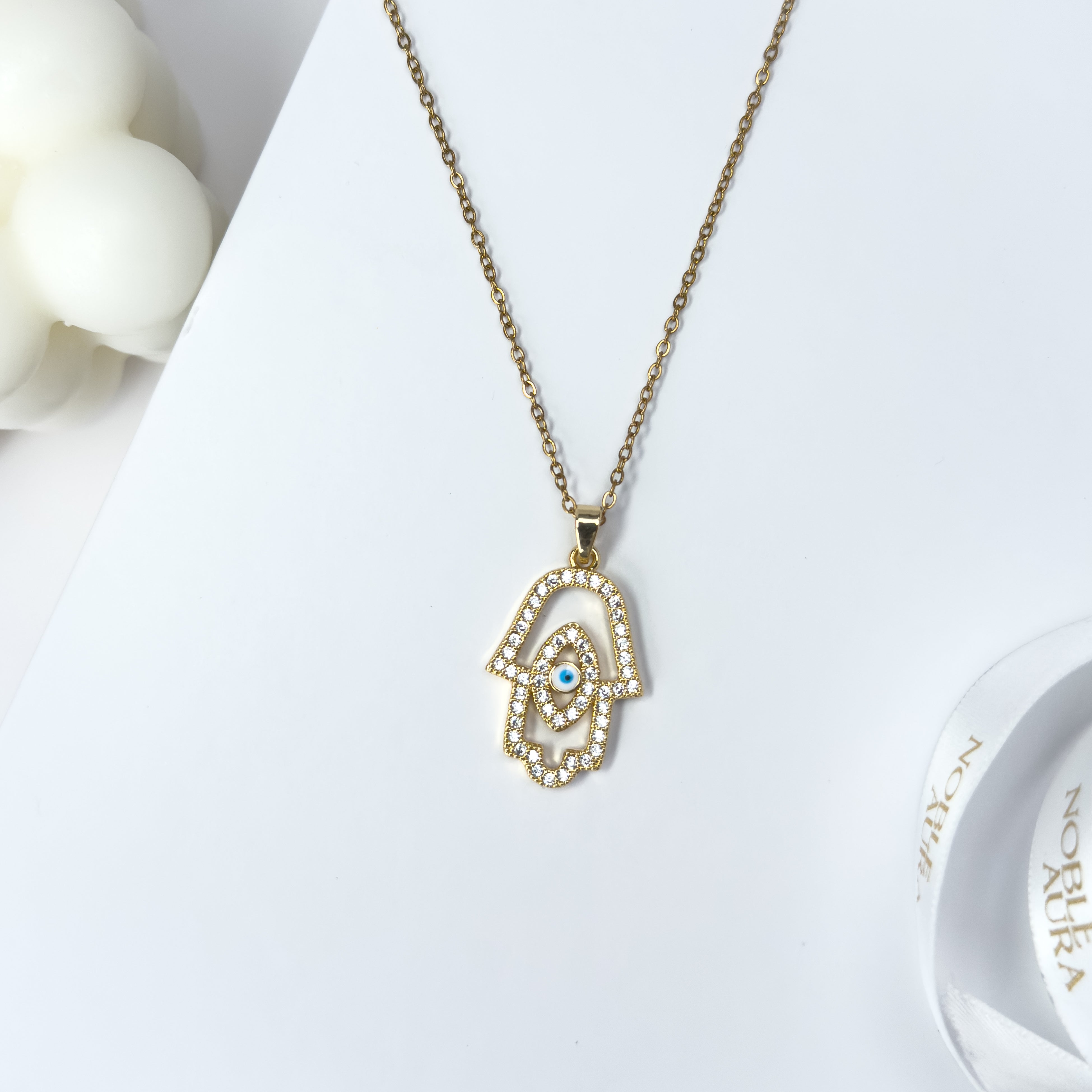 Gold Hamsa Hand Necklace with Evil Eye – Crystal Pavé Protection Amulet Pendant