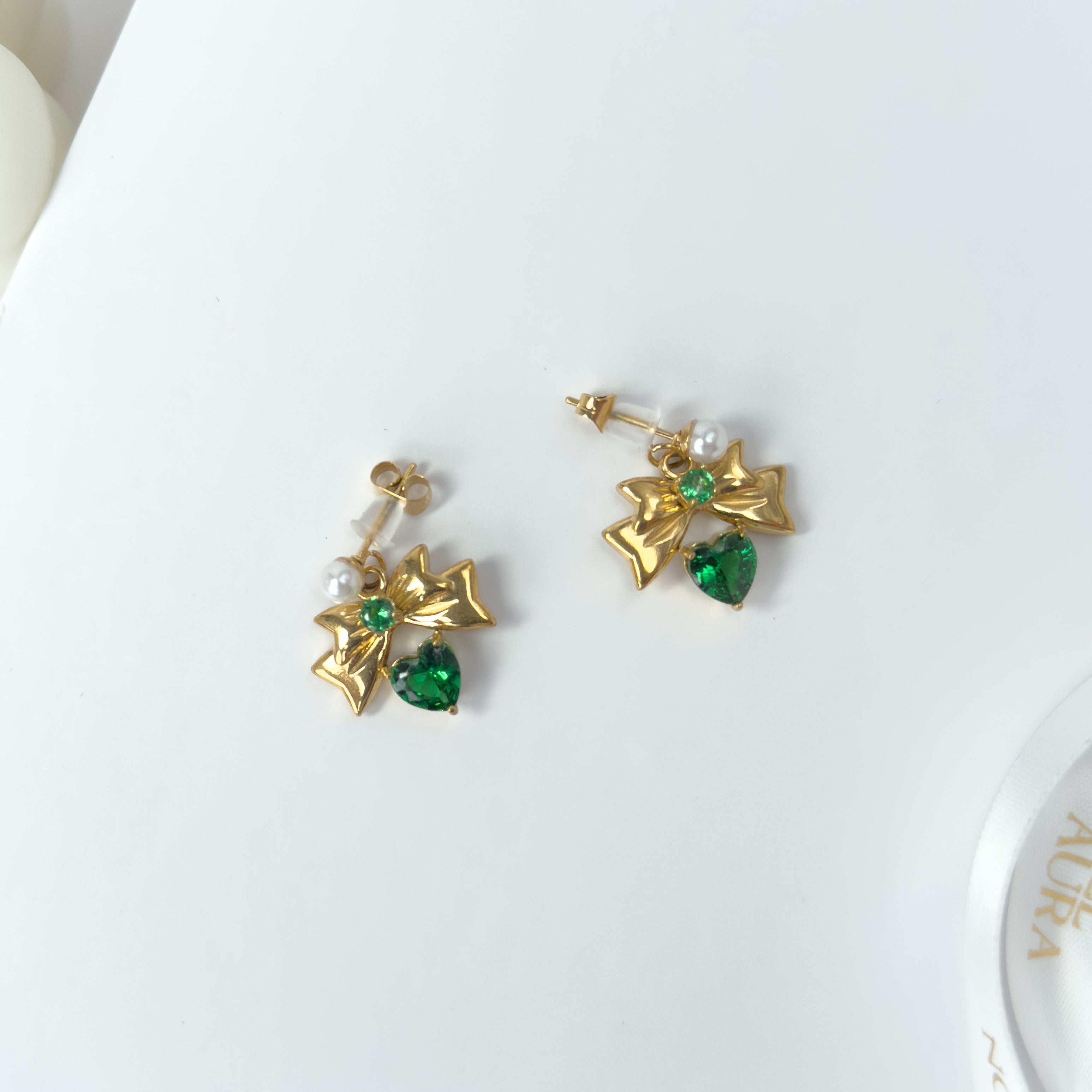 Emerald Bow Heart Drop Earrings – Gold Pearl Stud Danglers (Limited Edition)