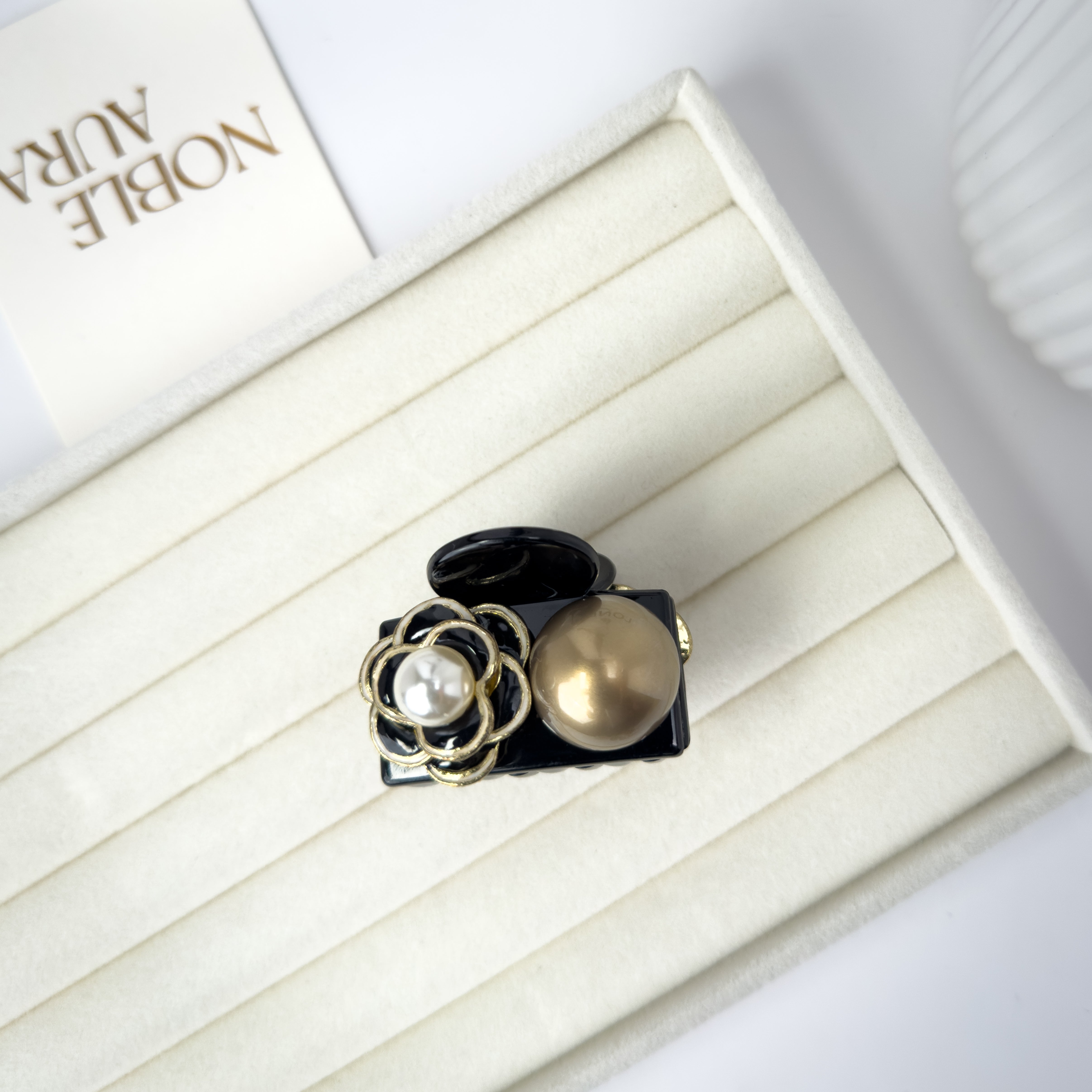 Black & Gold Pearl Floral Hair Claw
