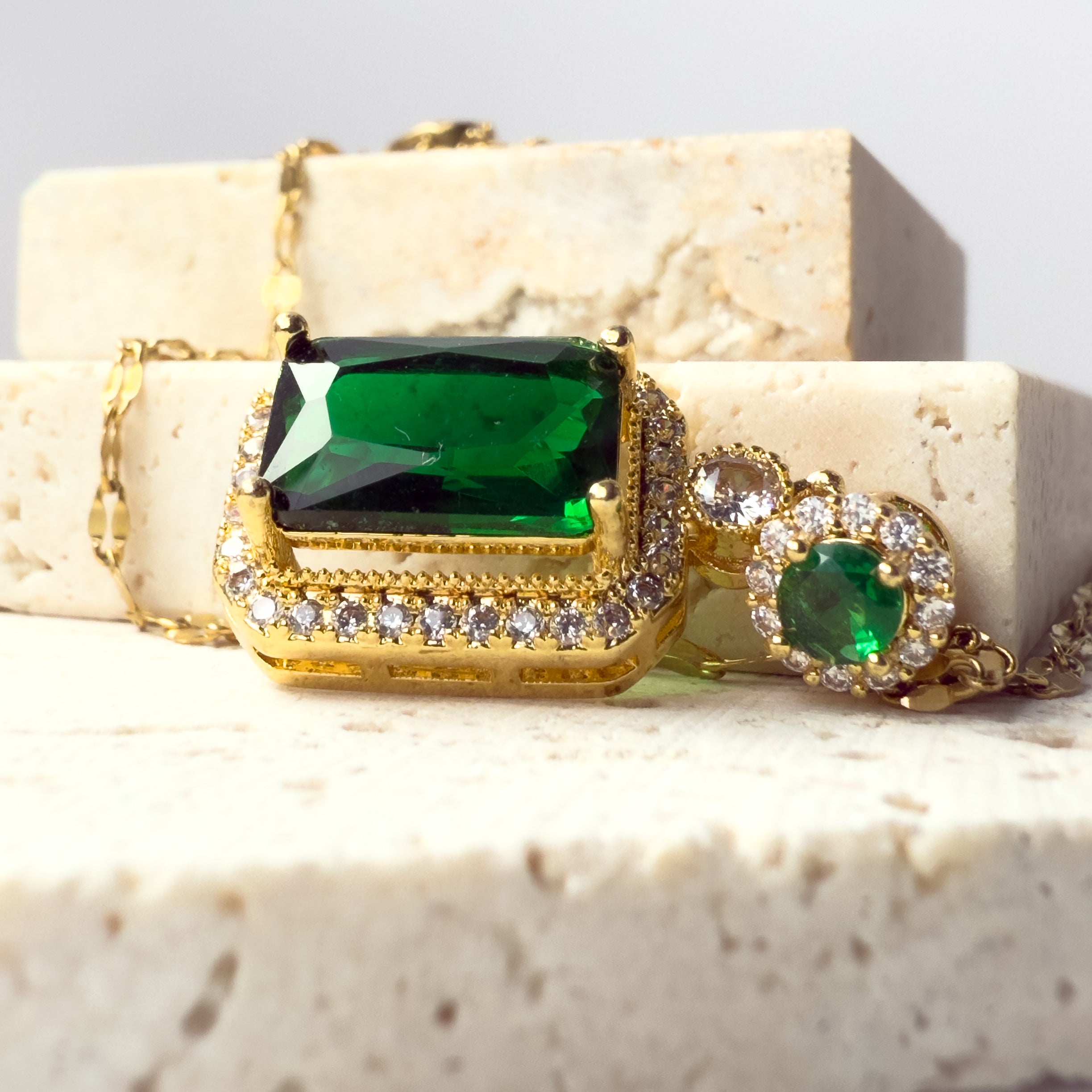 Emerald Green Pendant Necklace with Halo Crystals