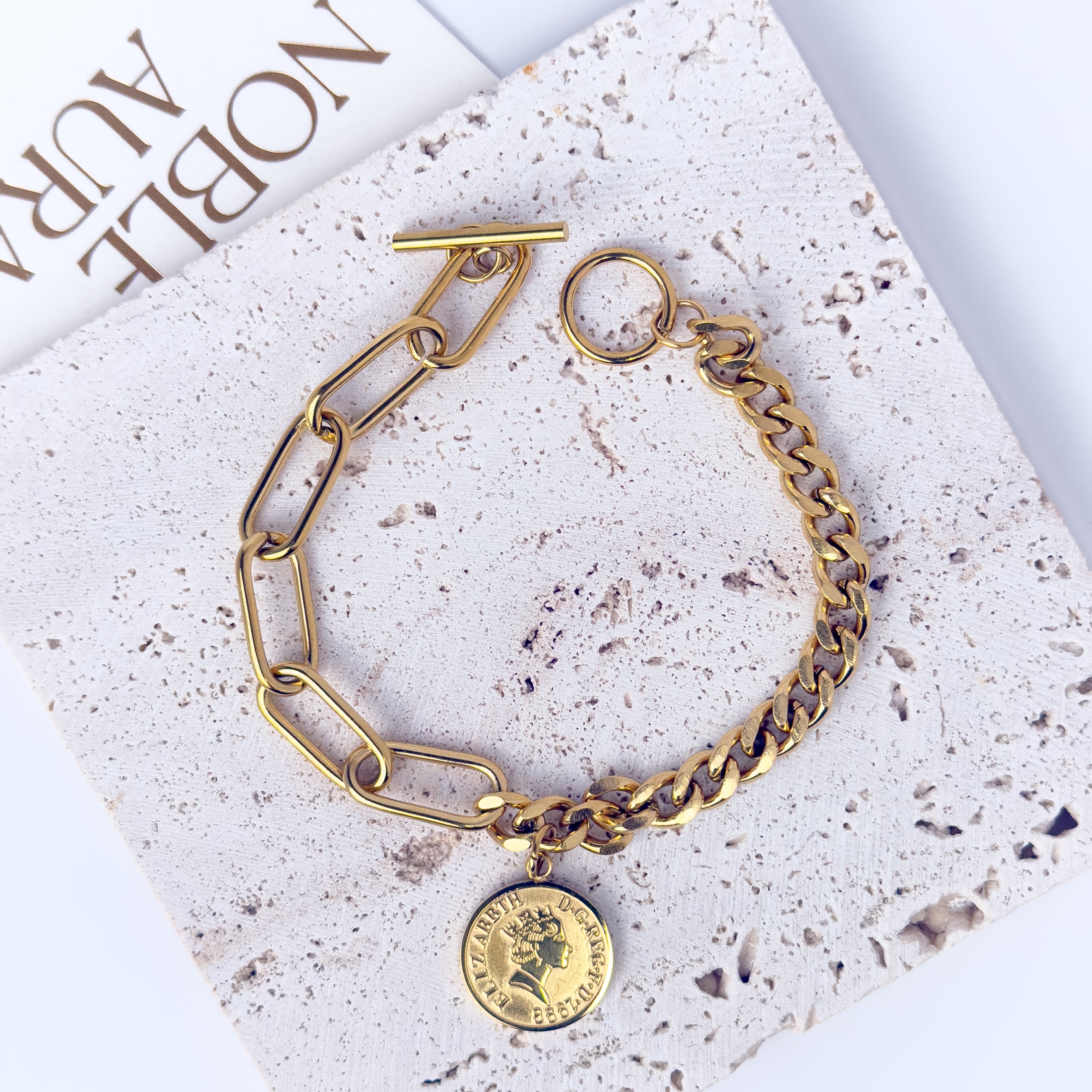 Gold Coin Pendant Bracelet – Chunky Chain Link with Toggle Clasp