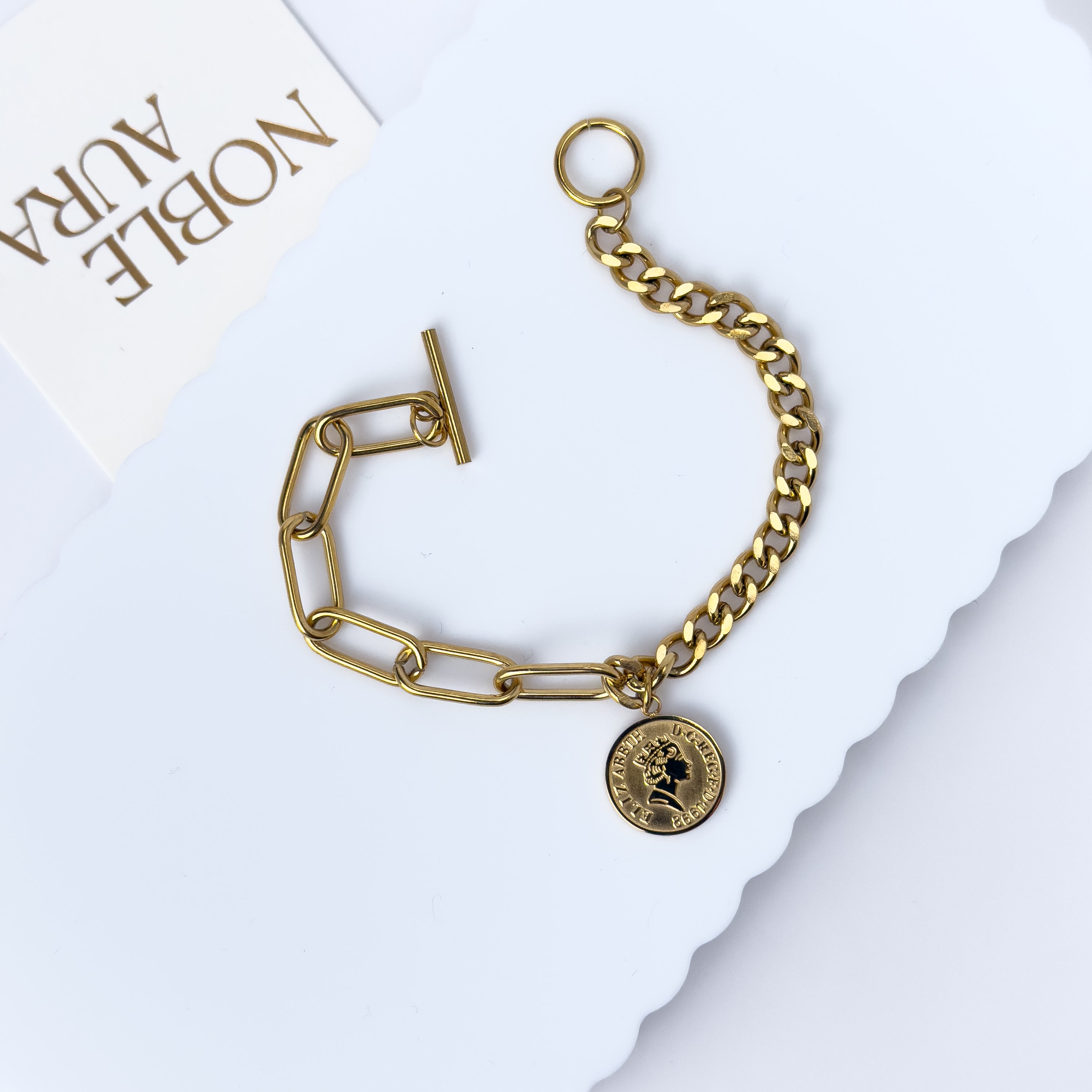 Gold Coin Pendant Bracelet – Chunky Chain Link with Toggle Clasp