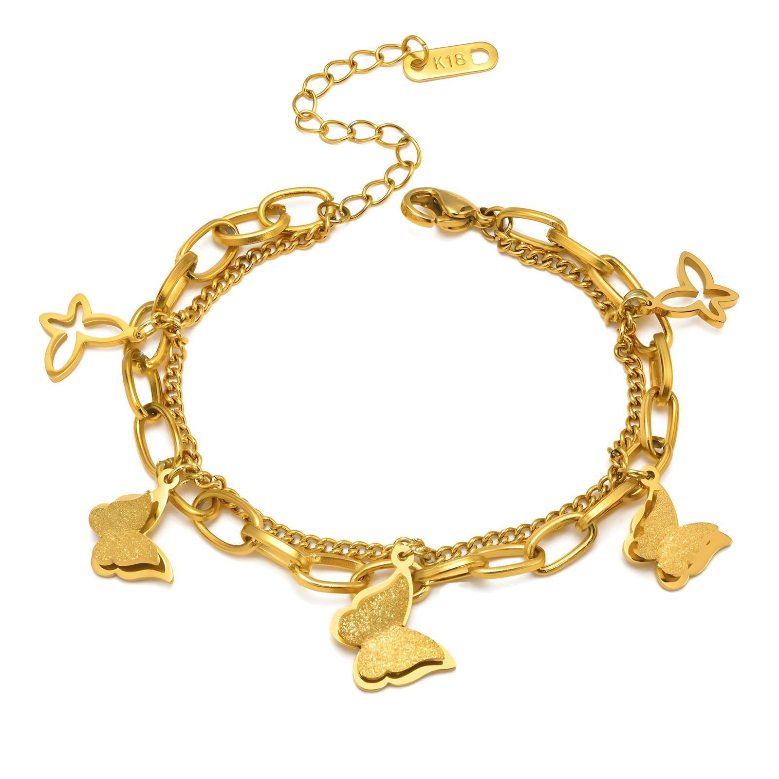 Gold butterfly charm bracelet with fine chain by Noble Aura UK