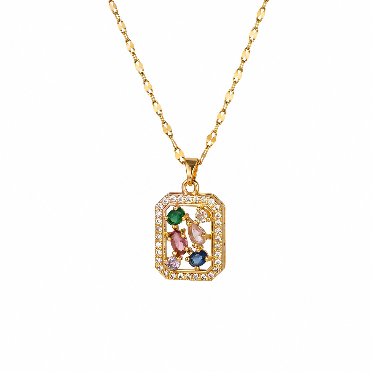 Rainbow Gemstone Necklace Waterproof Tarnish-Free Gold Pendant Necklace