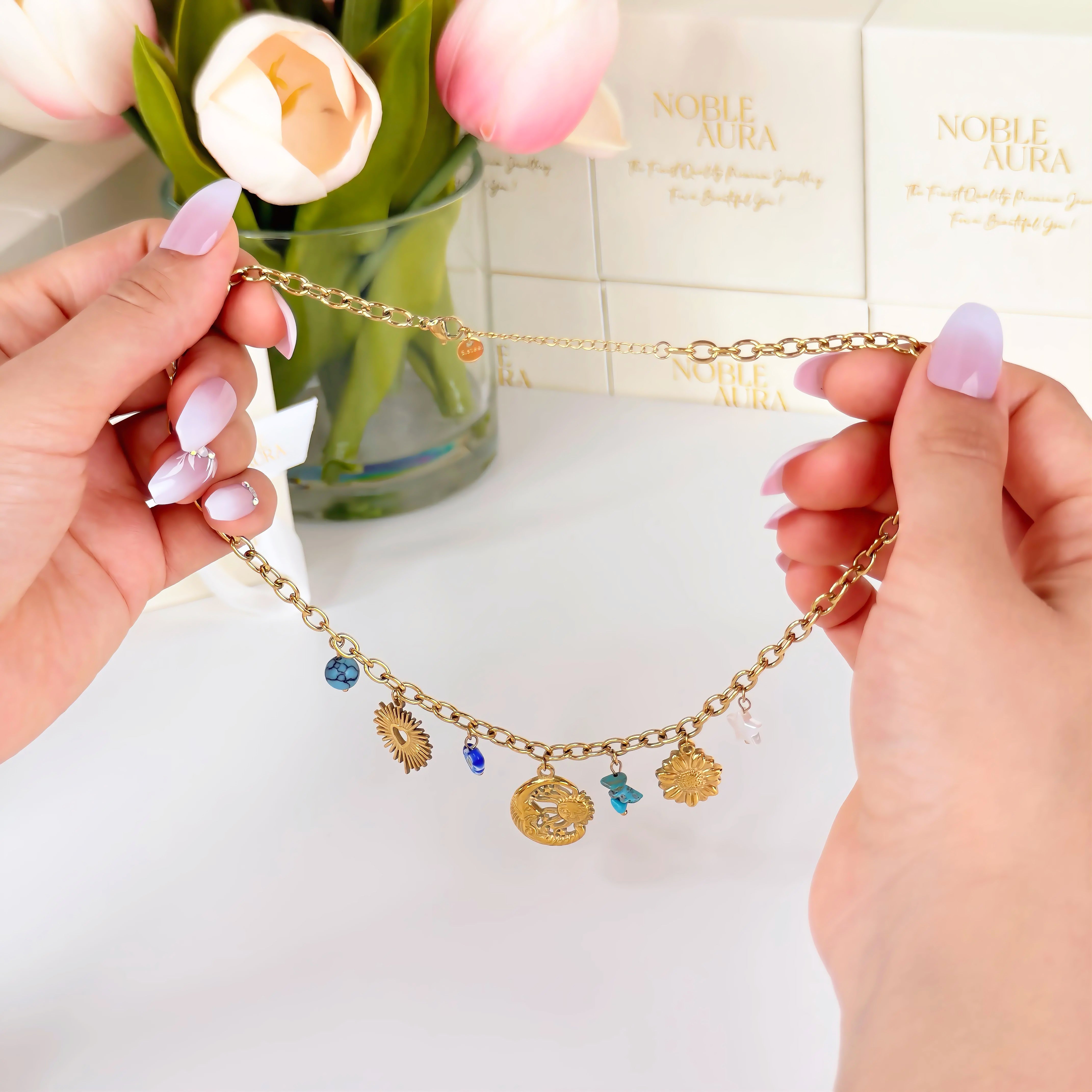 Sun And Moon Charms Necklace Waterproof Tarnish-Free Celestial Gold Necklace