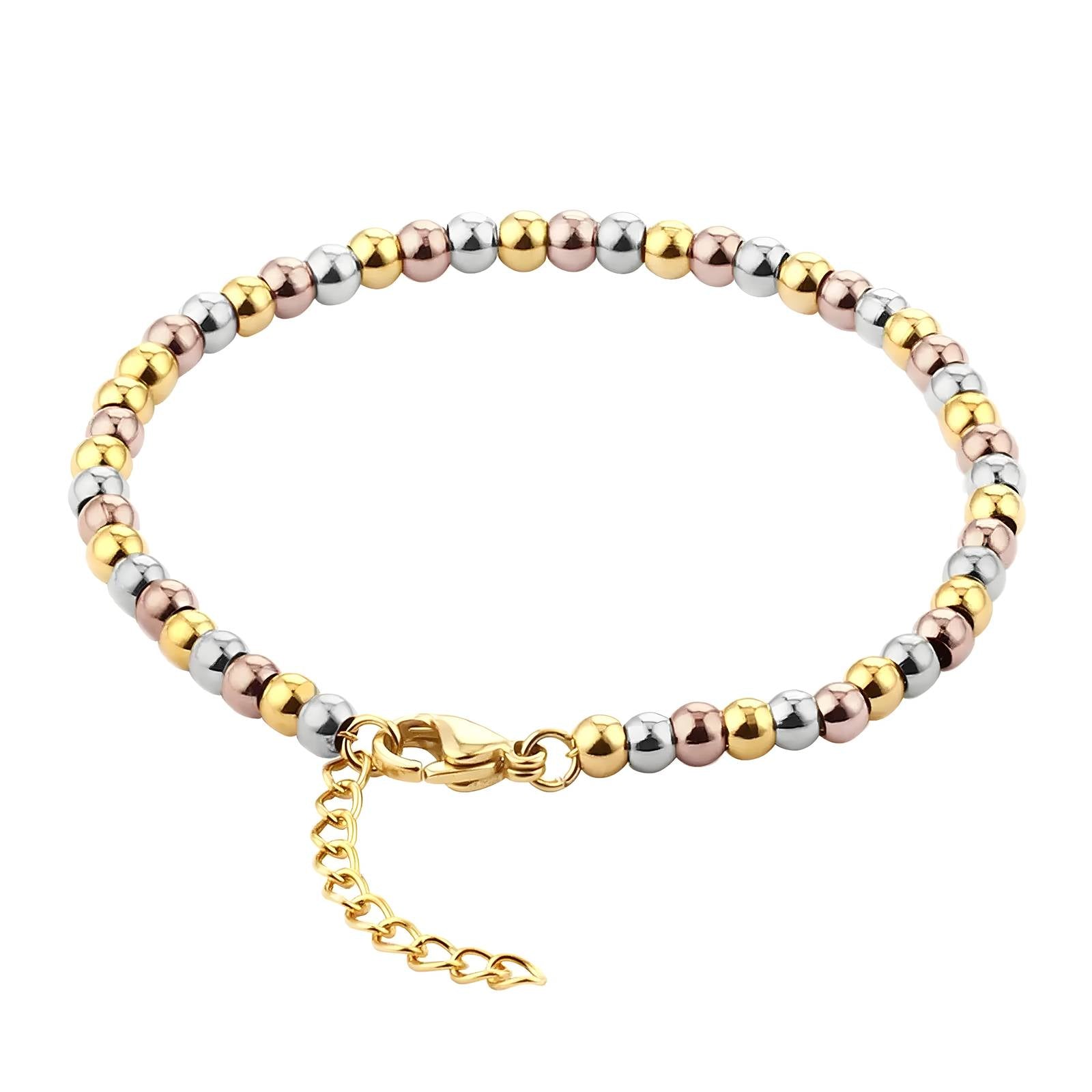 Triple tone beaded bracelet in gold, silver and rose gold by Noble Aura UK