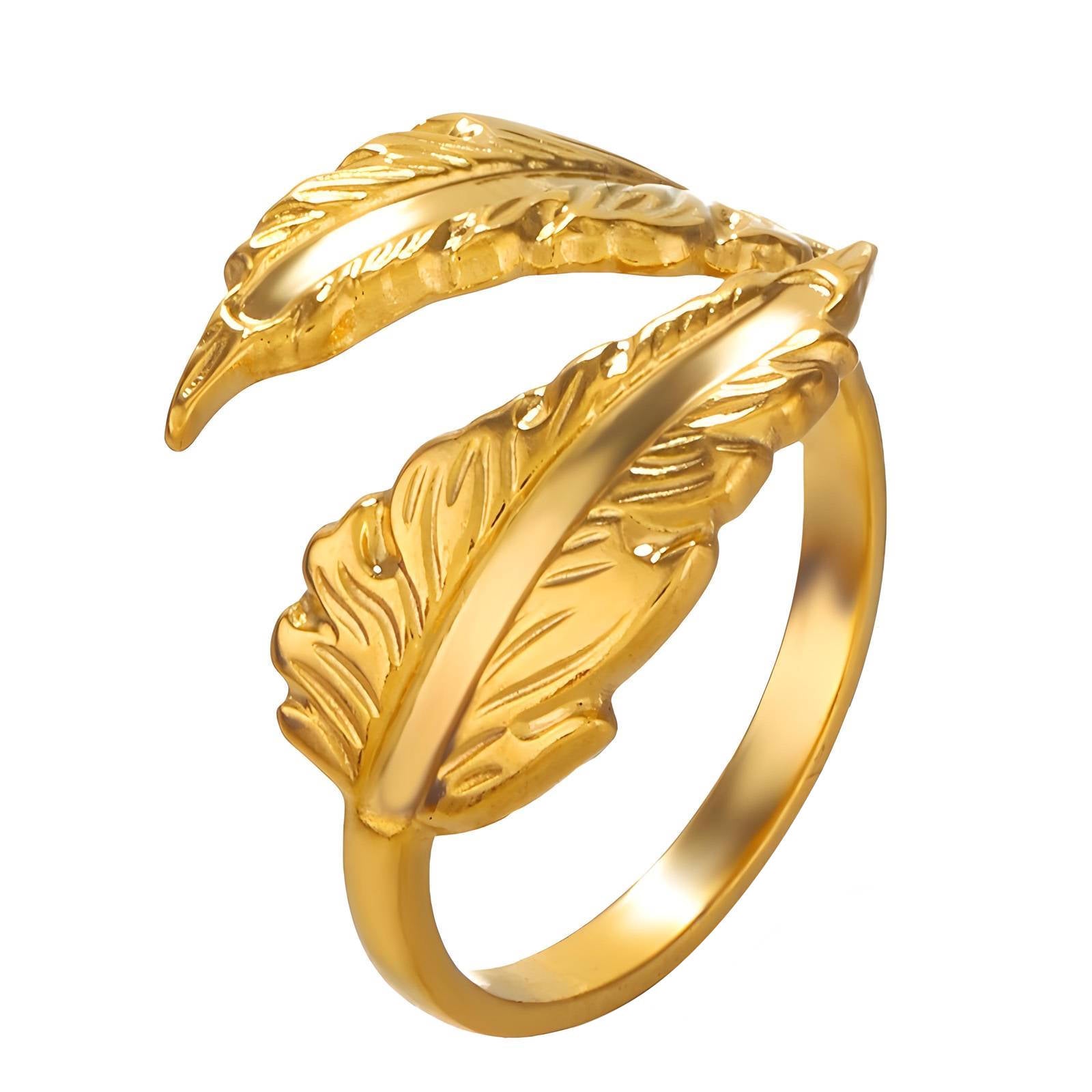 Gold adjustable ring with angel feather wrap design by Noble Aura UK. Fits most ring sizes.