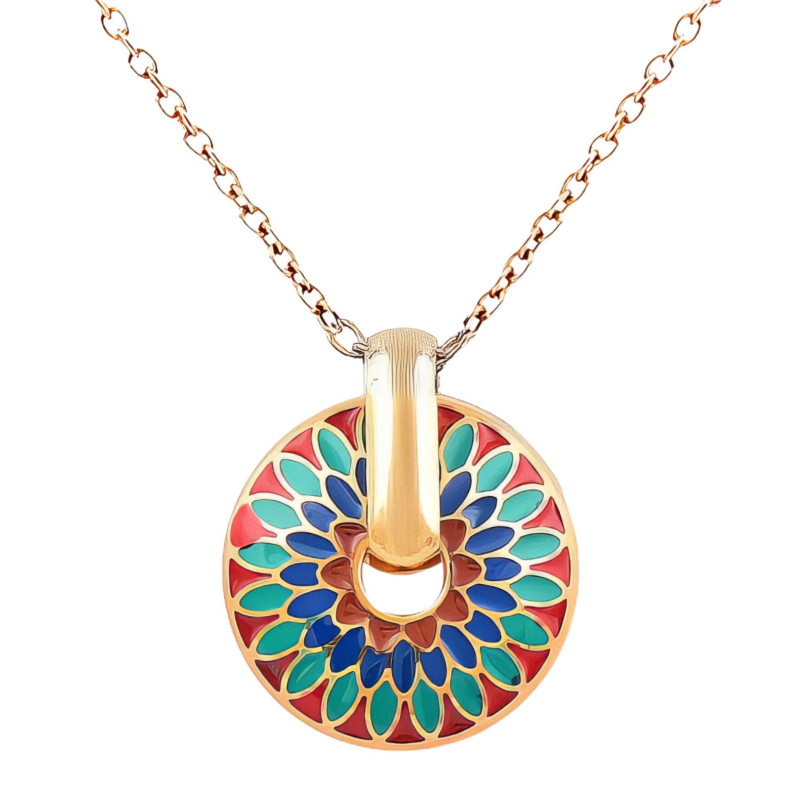 Gold mandala pendant necklace with colourful mosaic detailing by Noble Aura UK