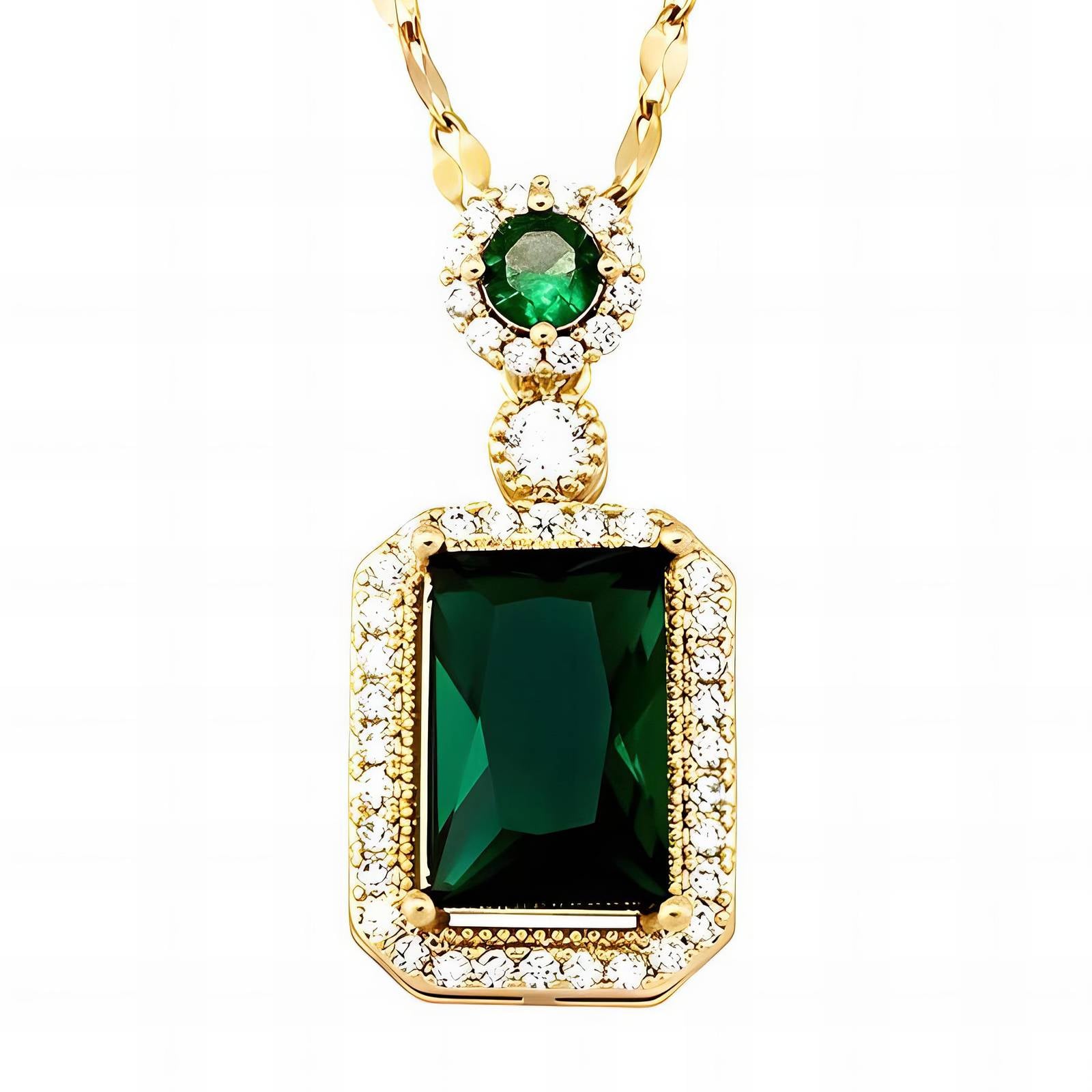 Gold emerald green pendant necklace with halo crystal detailing by Noble Aura UK