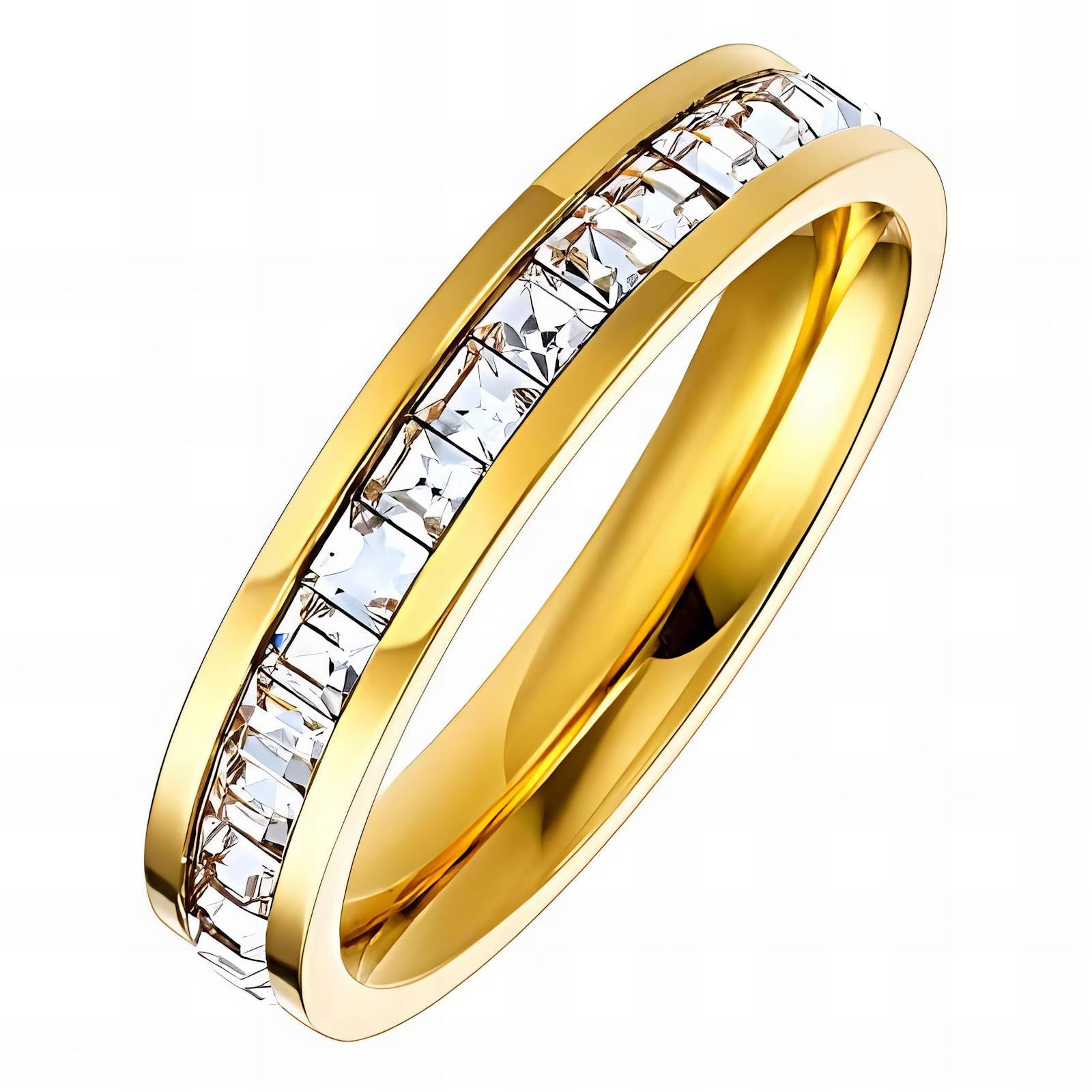 Gold eternity band ring with continuous stone detailing by Noble Aura UK