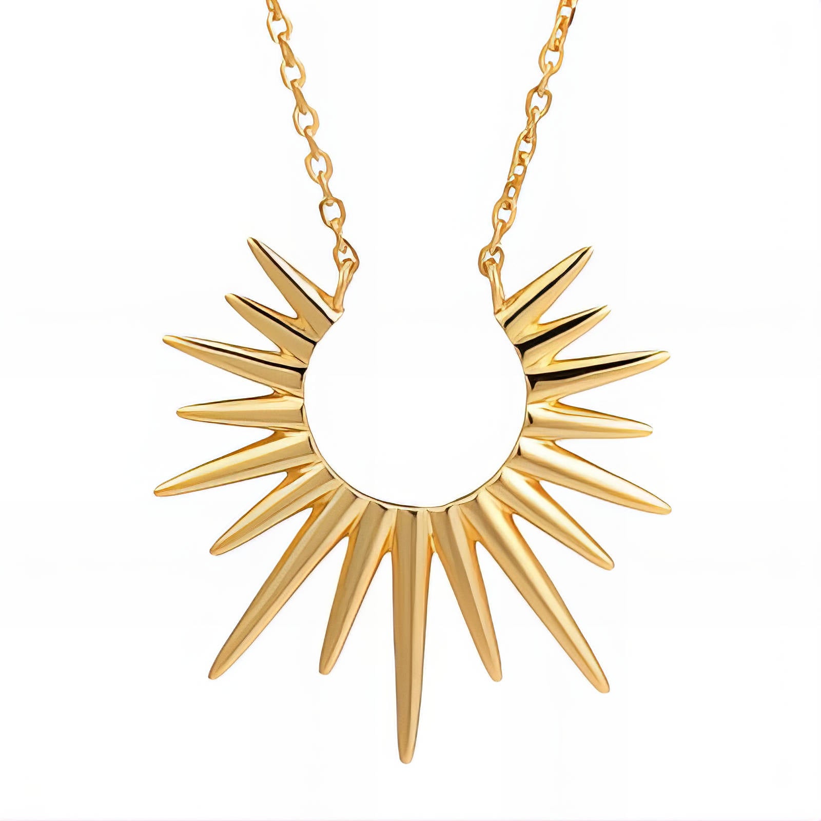 Gold sunburst pendant necklace with radiant textured design by Noble Aura UK