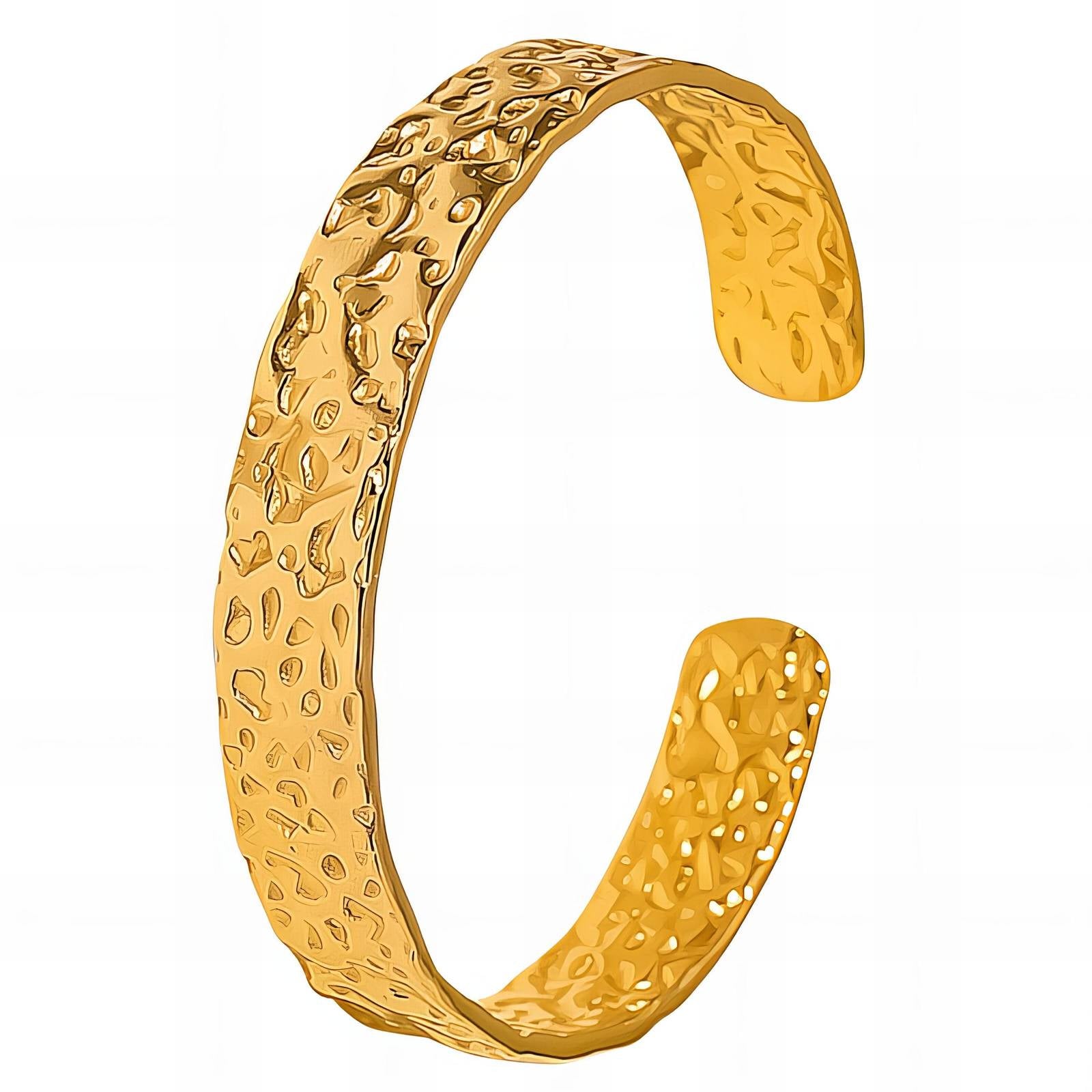 Hammered gold cuff bracelet with textured finish by Noble Aura UK