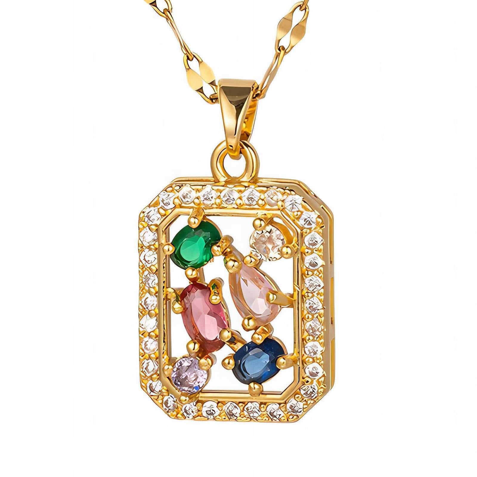 Gold rectangle pendant necklace with multicolour gemstone detailing by Noble Aura UK