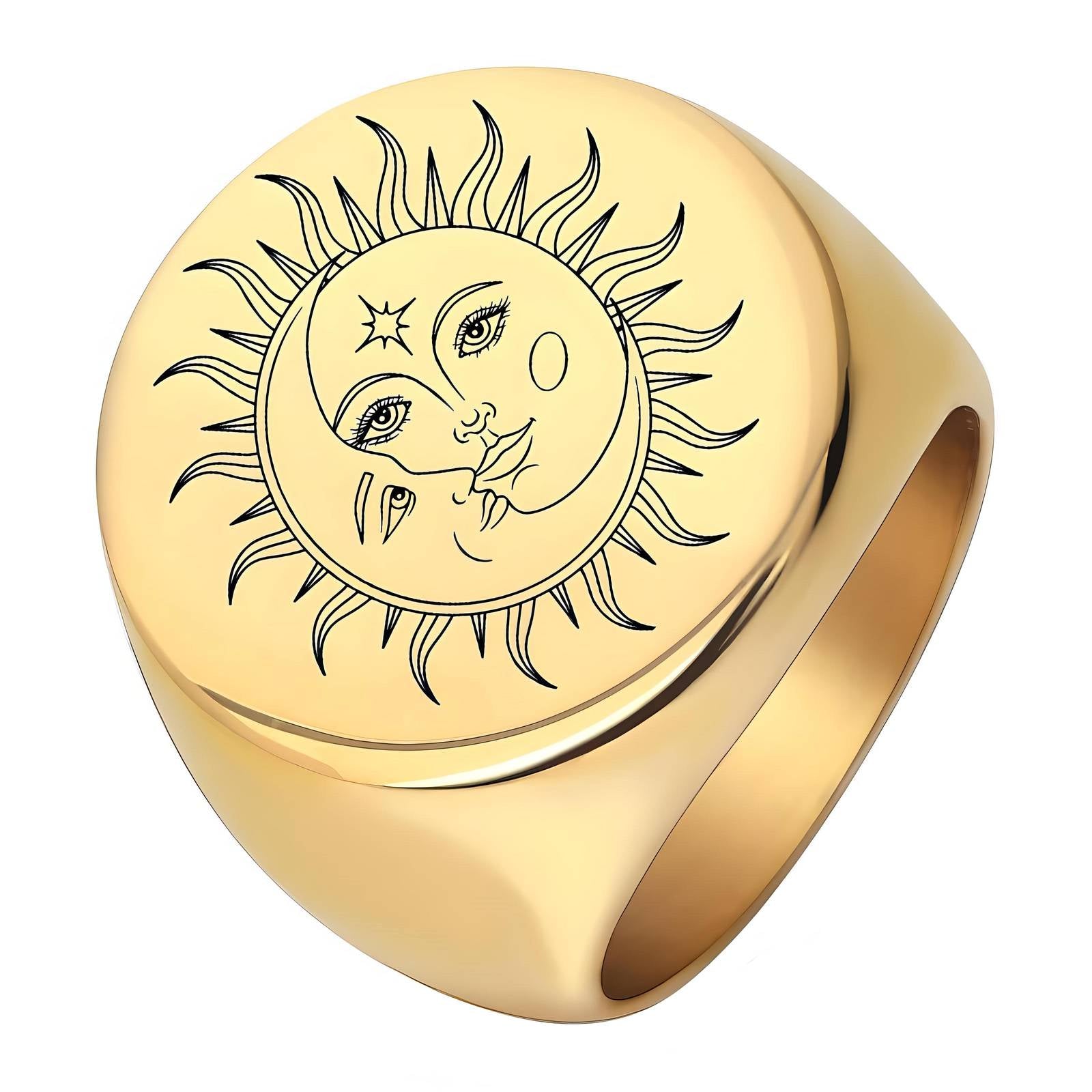 Sun and moon celestial gold signet ring limited edition design by Noble Aura UK