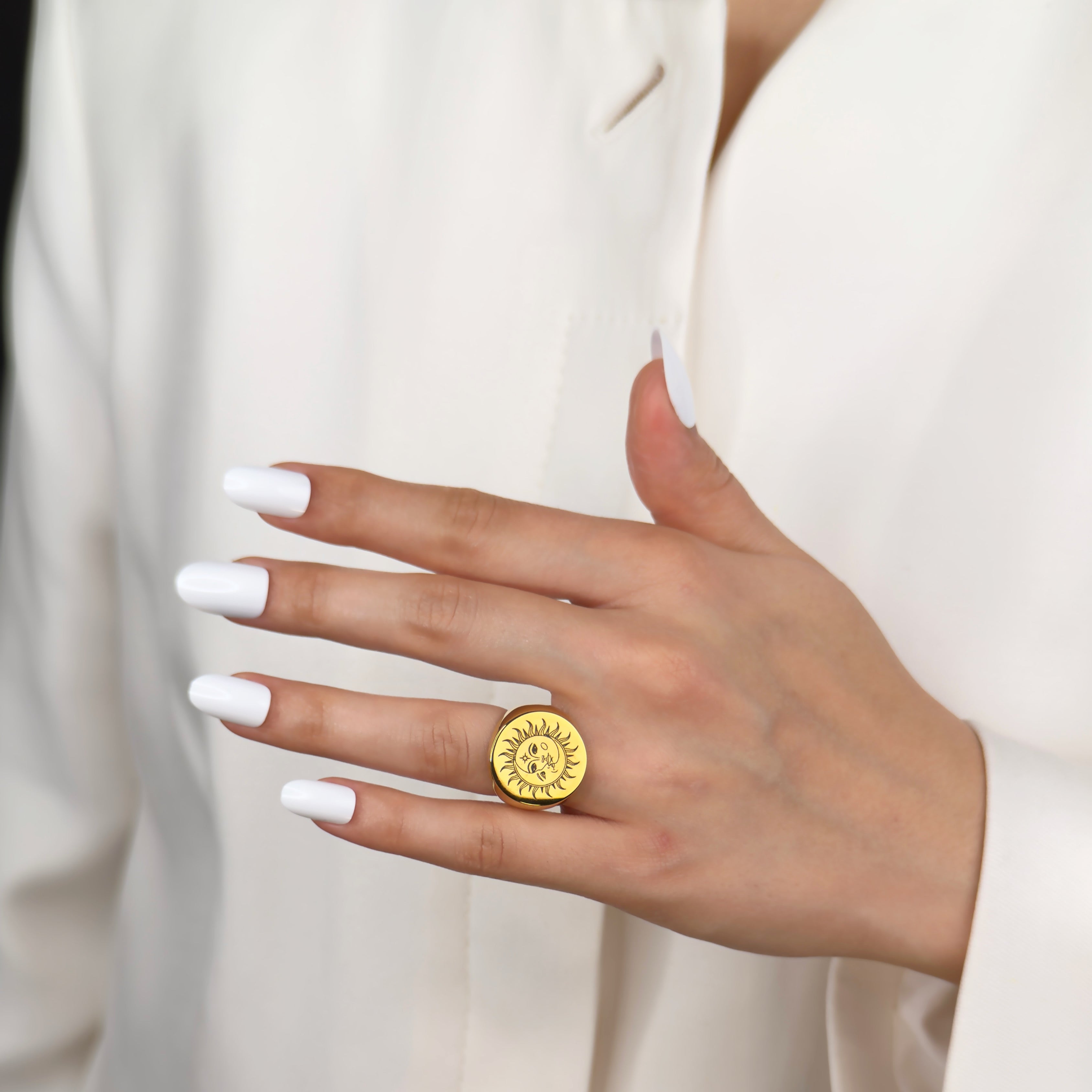 Sun and moon celestial gold signet ring limited edition design by Noble Aura UK