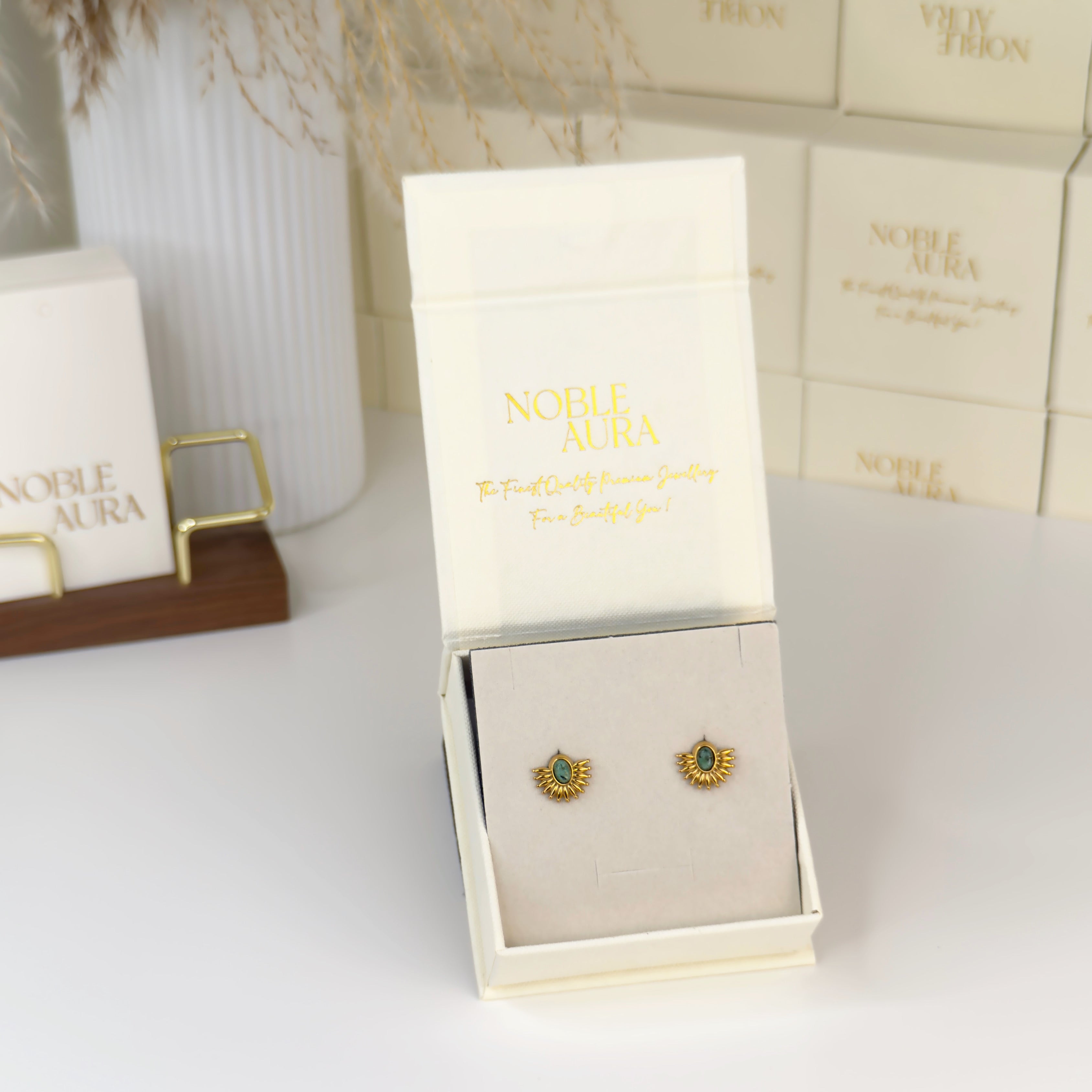 Sunburst stud earrings with turquoise green stone by Noble Aura UK