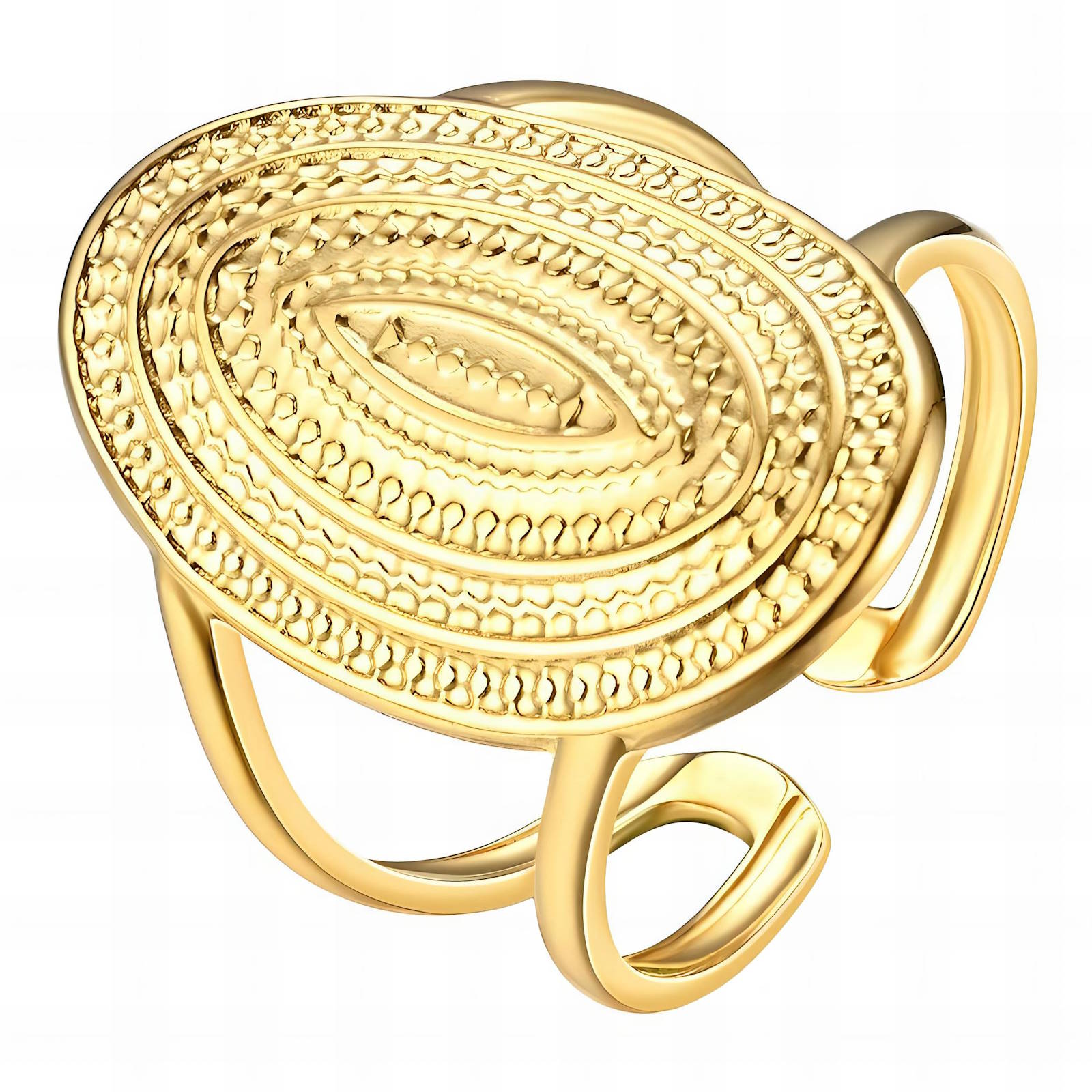 Gold oval ring with textured tribal pattern by Noble Aura UK