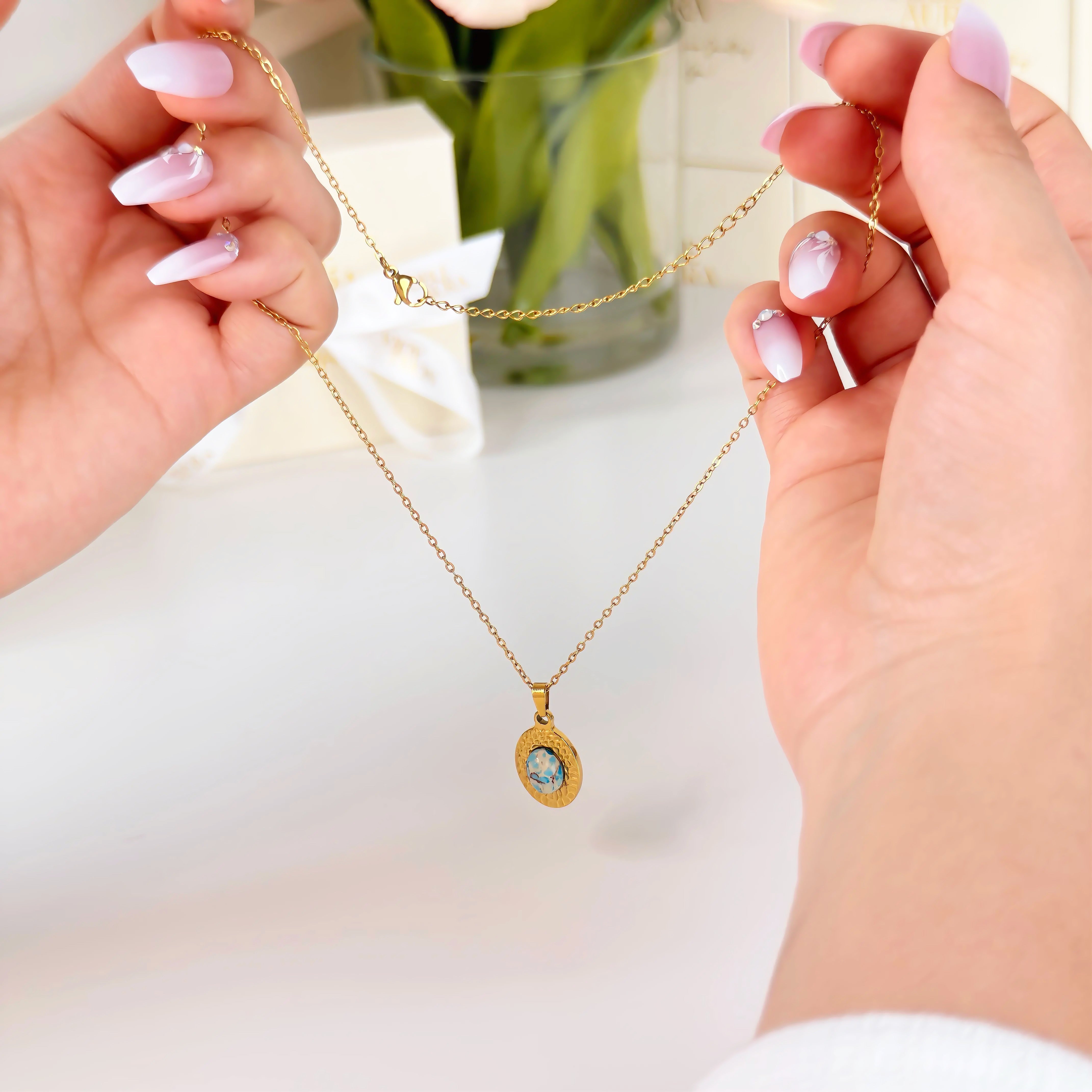 Blue Stone Boho Necklace Waterproof Tarnish-Free Gold Pendant Necklace