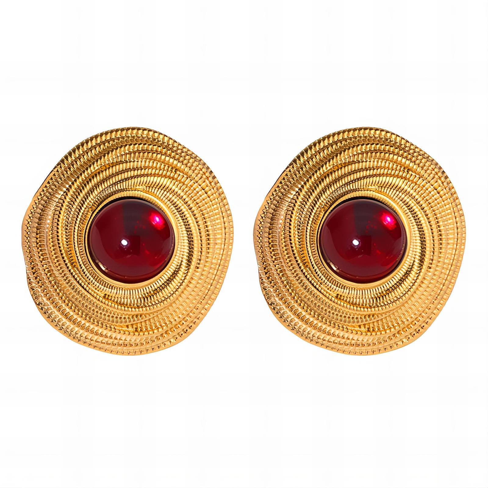 Baroque style gold stud earrings with red gemstone by Noble Aura UK