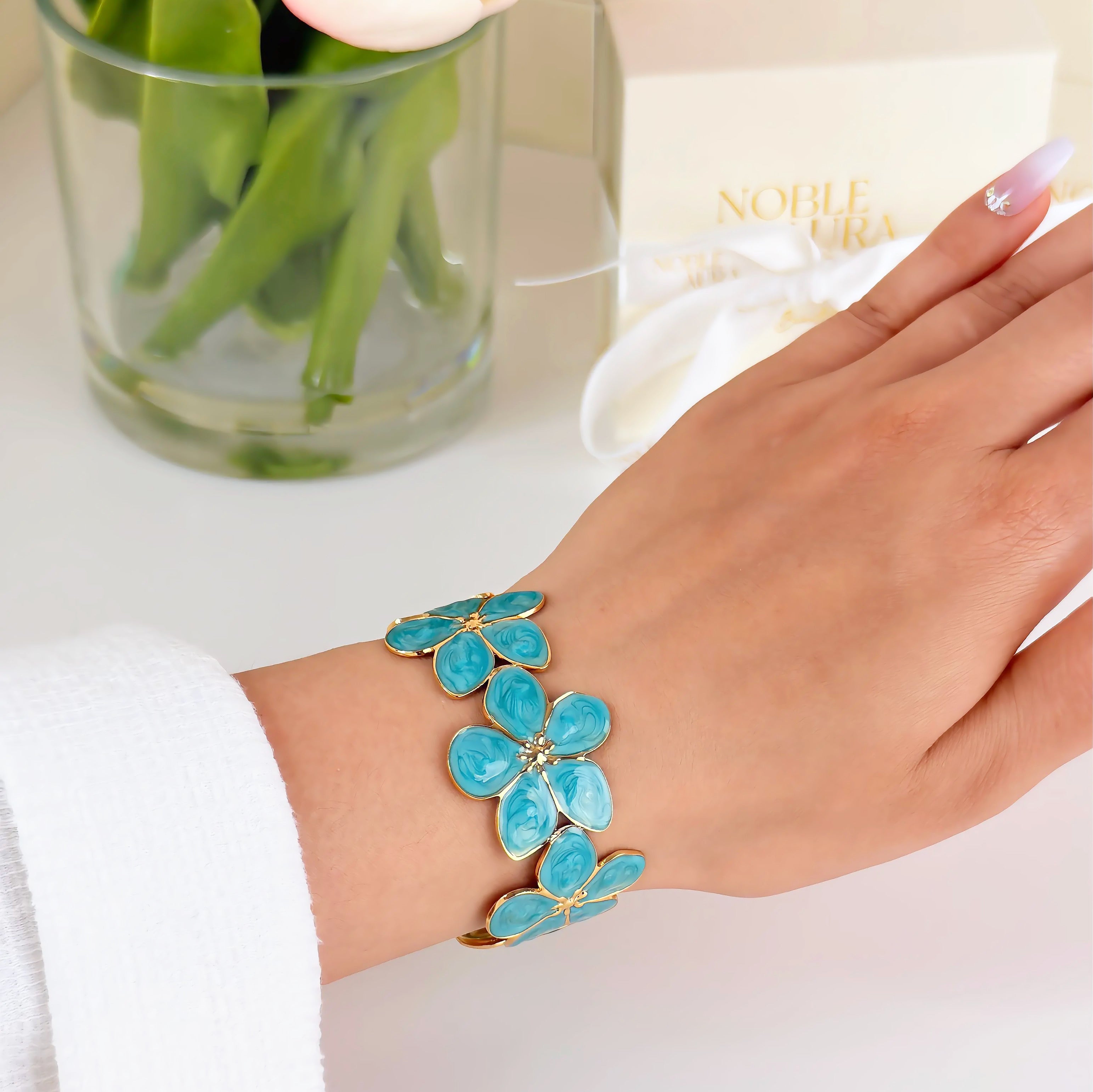 Gold Flower Bangle Waterproof Tarnish-Free Floral Bracelet