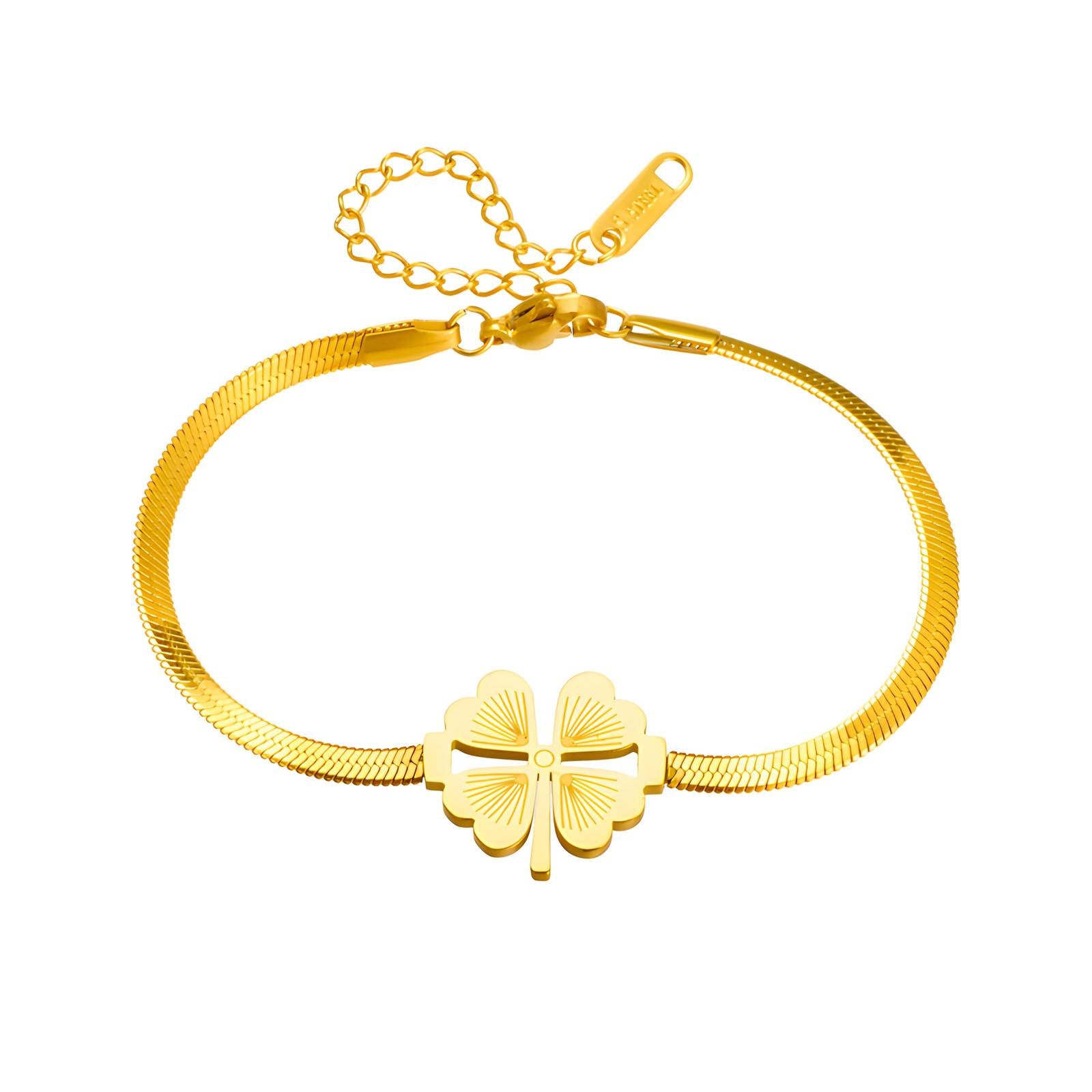Gold clover charm bracelet on snake chain by Noble Aura jewellery London, UK. Europe
