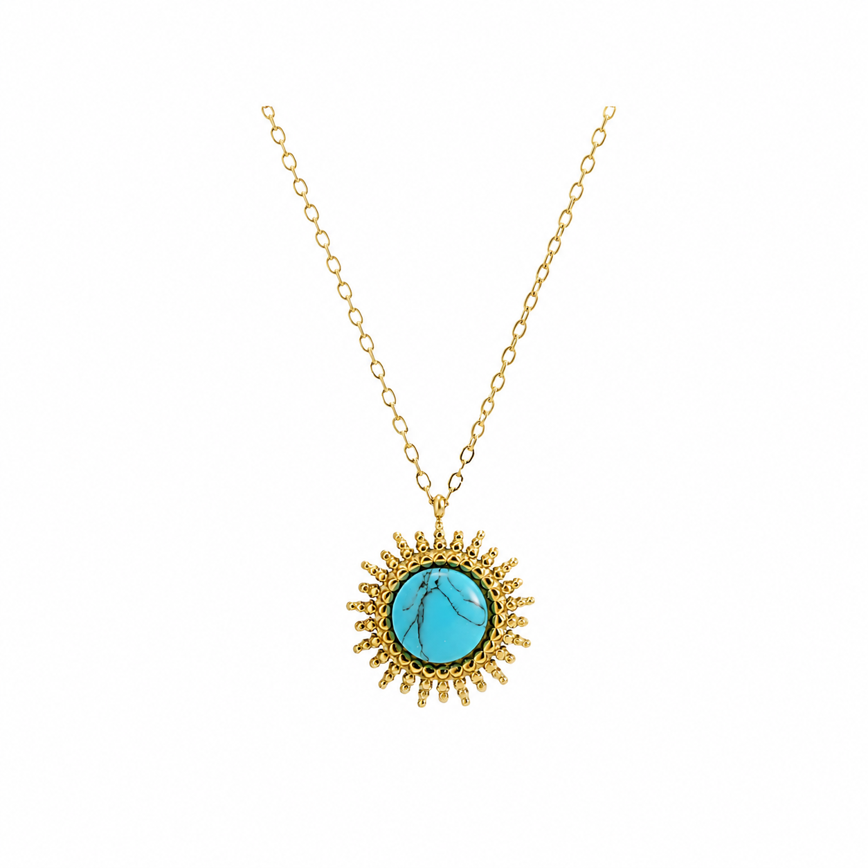 Gold Sunburst Turquoise Necklace Waterproof Tarnish-Free Pendant Necklace