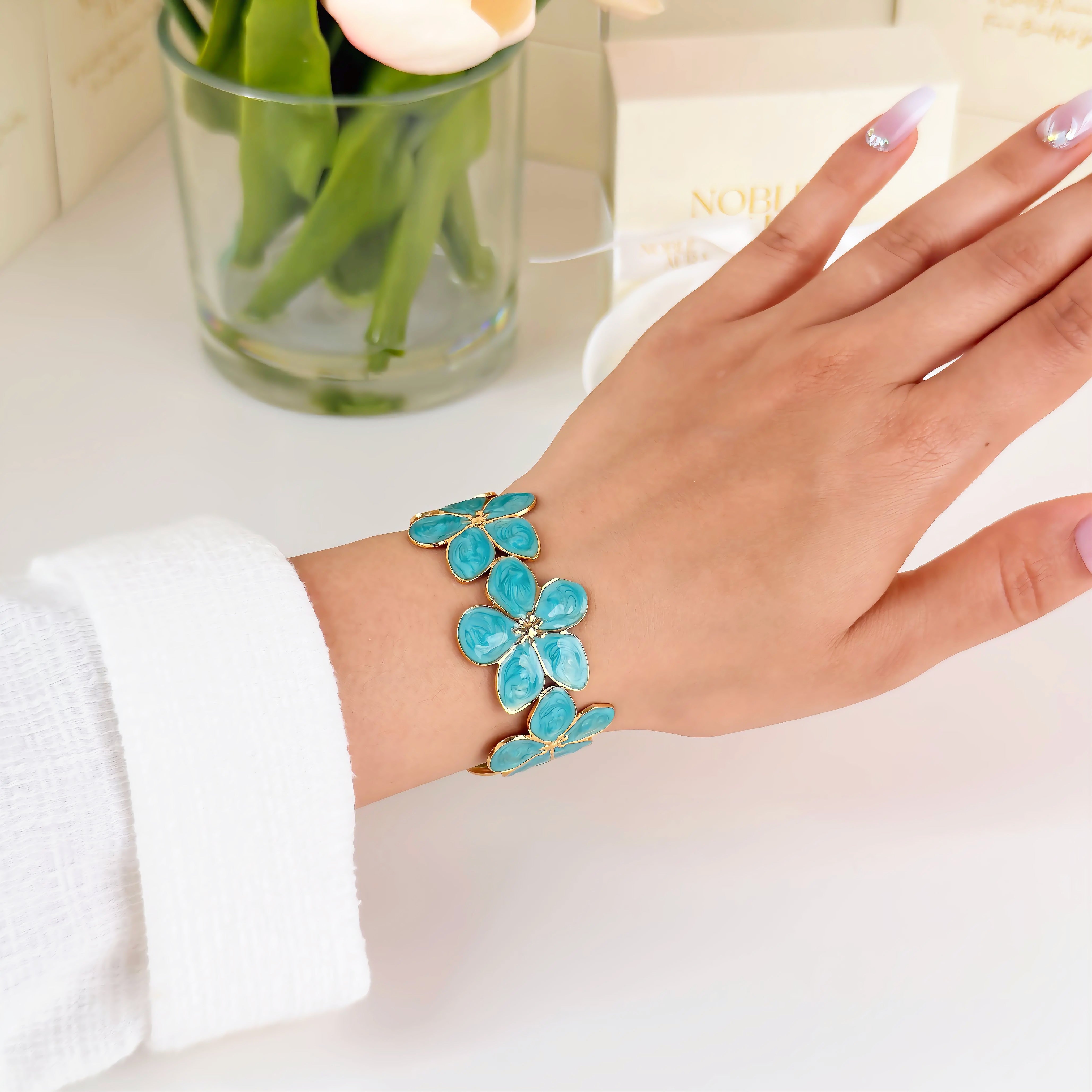 Gold Flower Bangle Waterproof Tarnish-Free Floral Bracelet