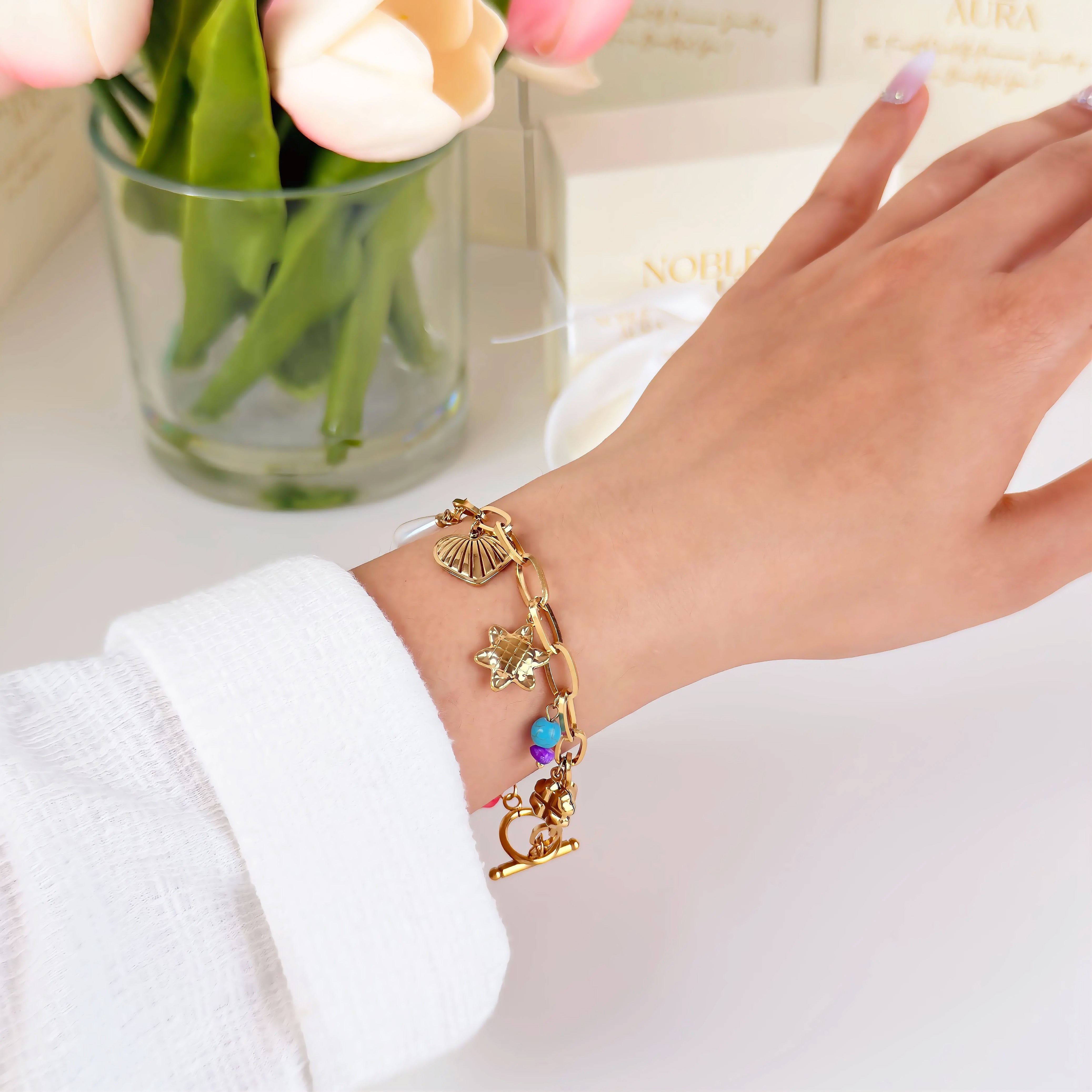 Gold Heart Charm Bracelet Waterproof Tarnish-Free Charm Bracelet