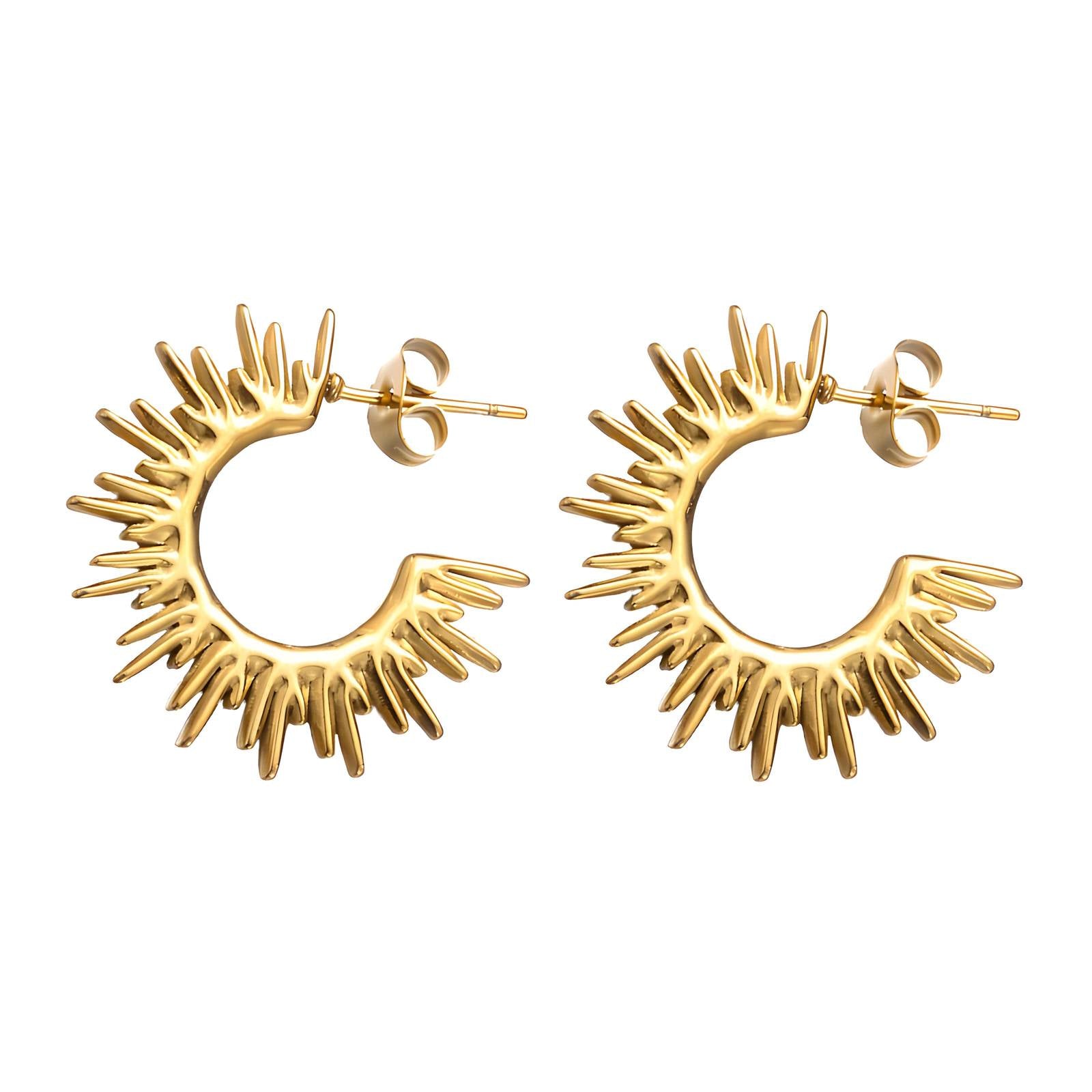 Gold hoop earrings with sunburst detailing by Noble Aura UK