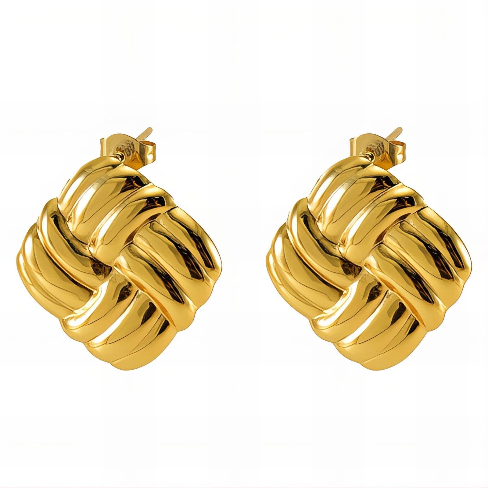 Chunky woven gold stud earrings in braided statement design by Noble Aura UK