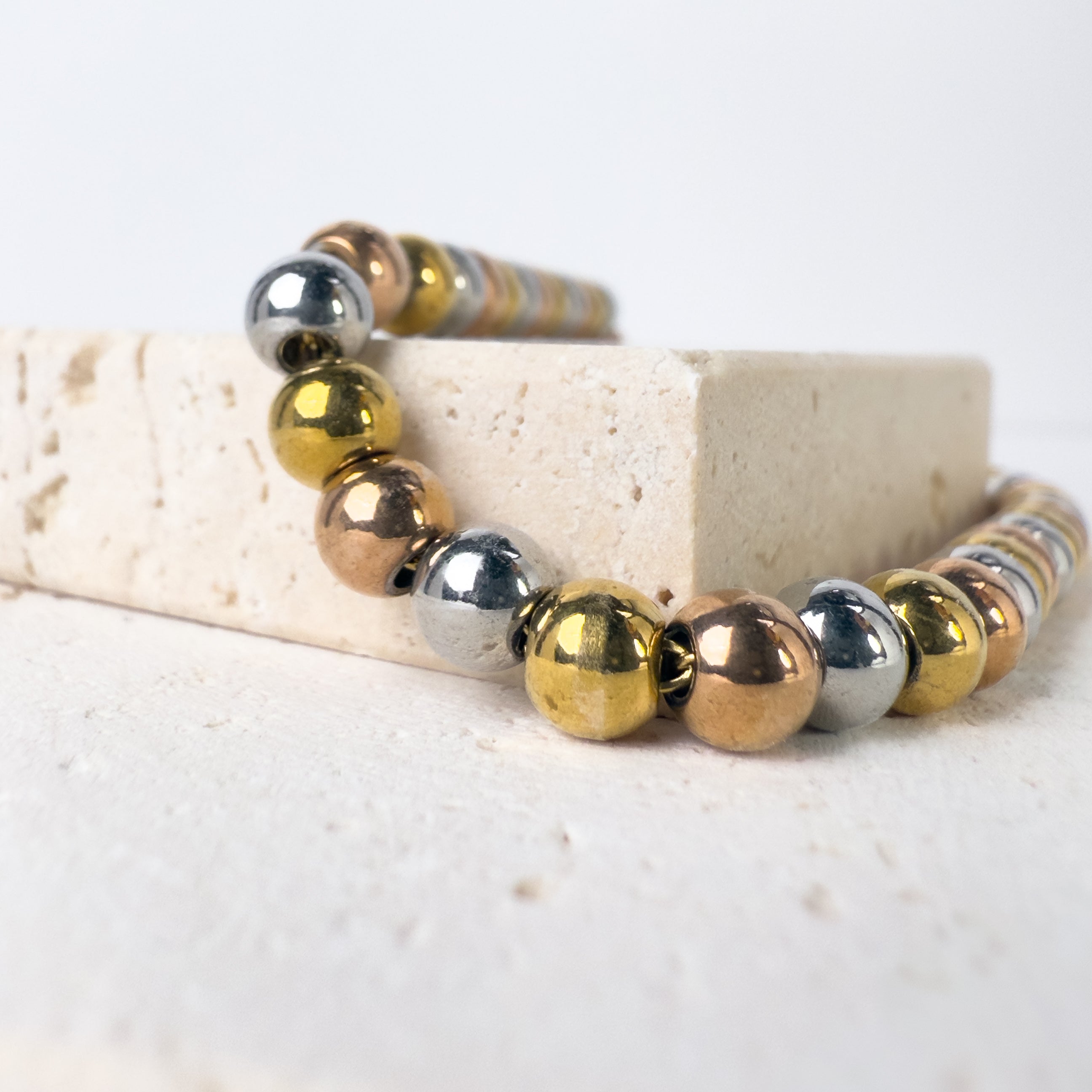 Trinity Elegance – Gold, Silver & Rose Gold Beaded Bracelet