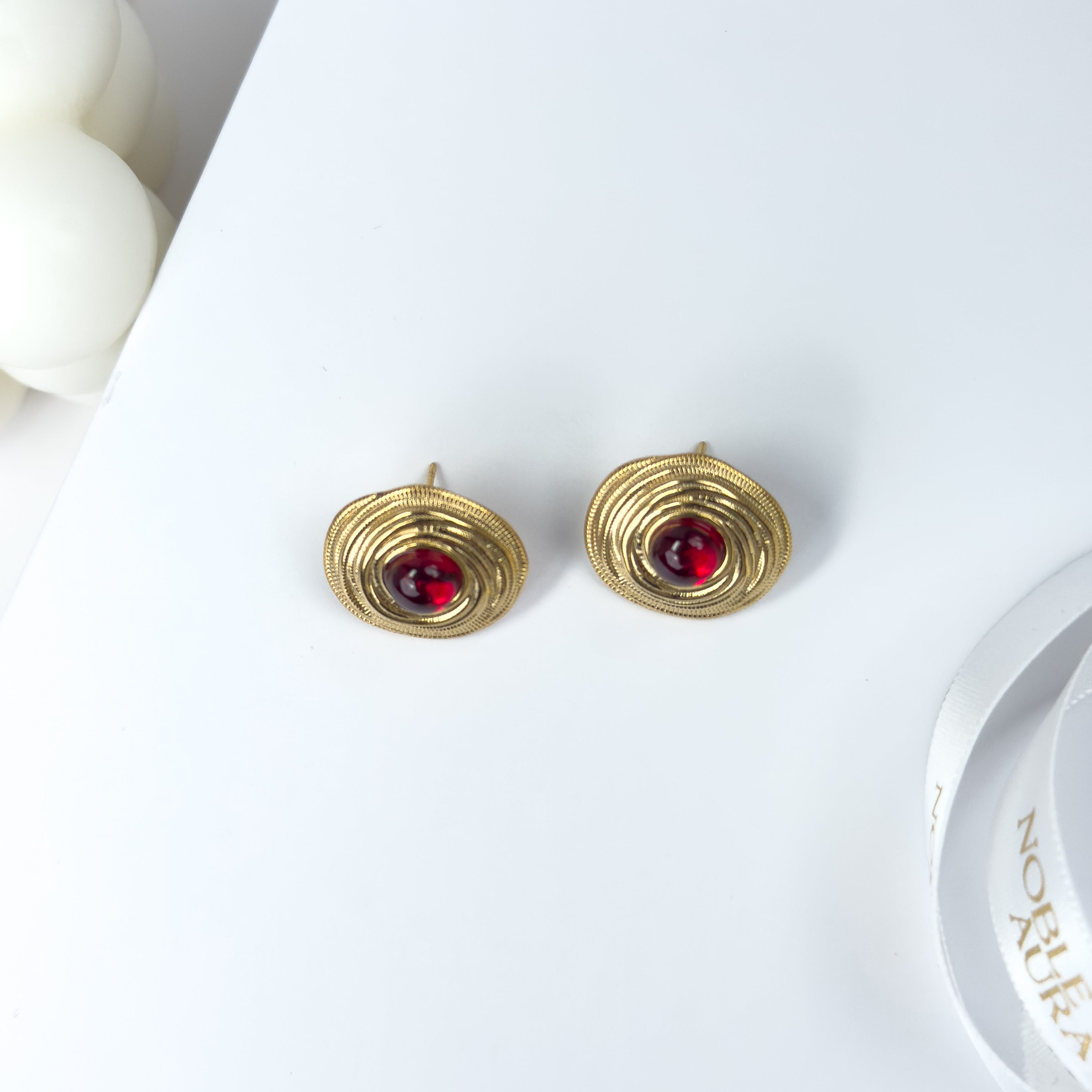 Baroque Gold Stud Earrings with Red Gem