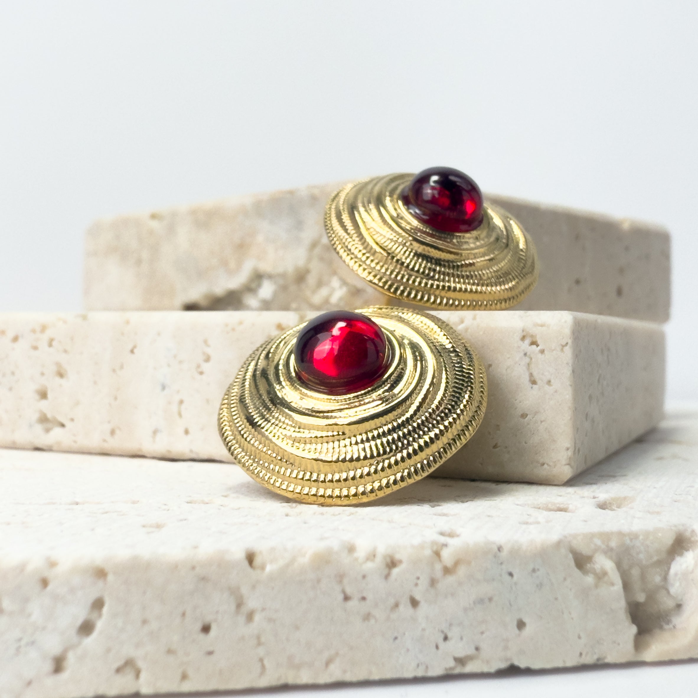 Baroque Gold Stud Earrings with Red Gem