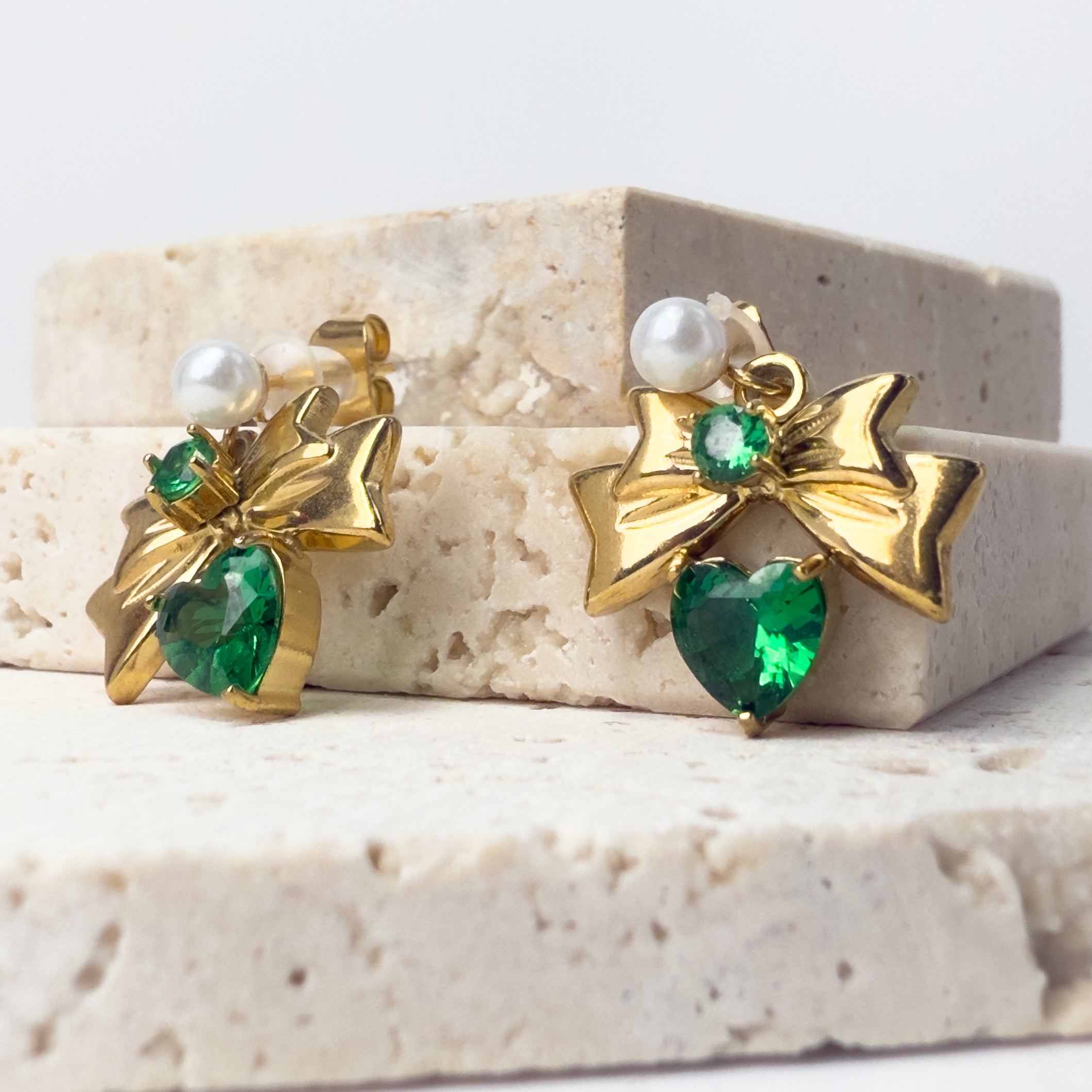 Emerald Bow Heart Drop Earrings – Gold Pearl Stud Danglers (Limited Edition)