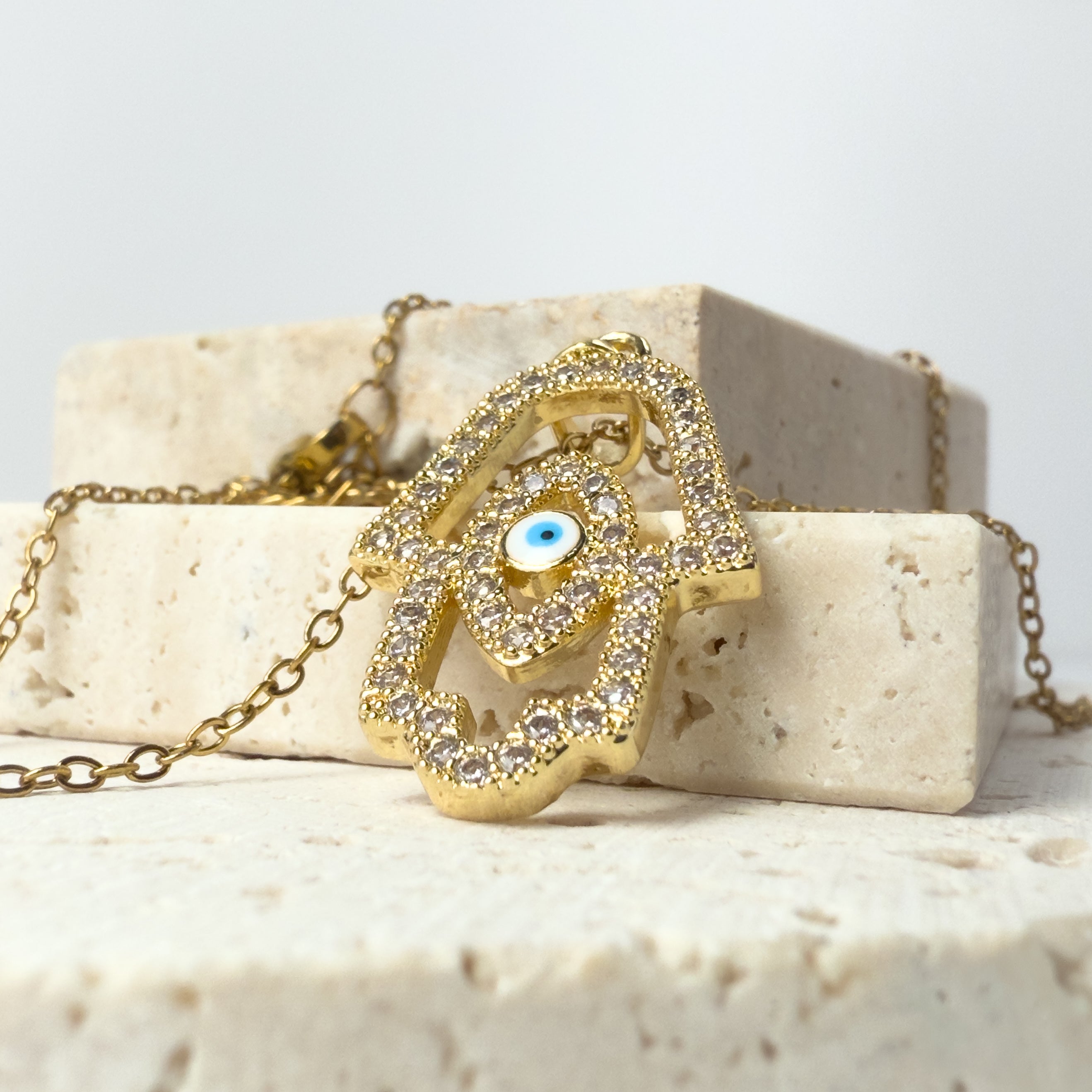 Gold Hamsa Hand Necklace with Evil Eye – Crystal Pavé Protection Amulet Pendant