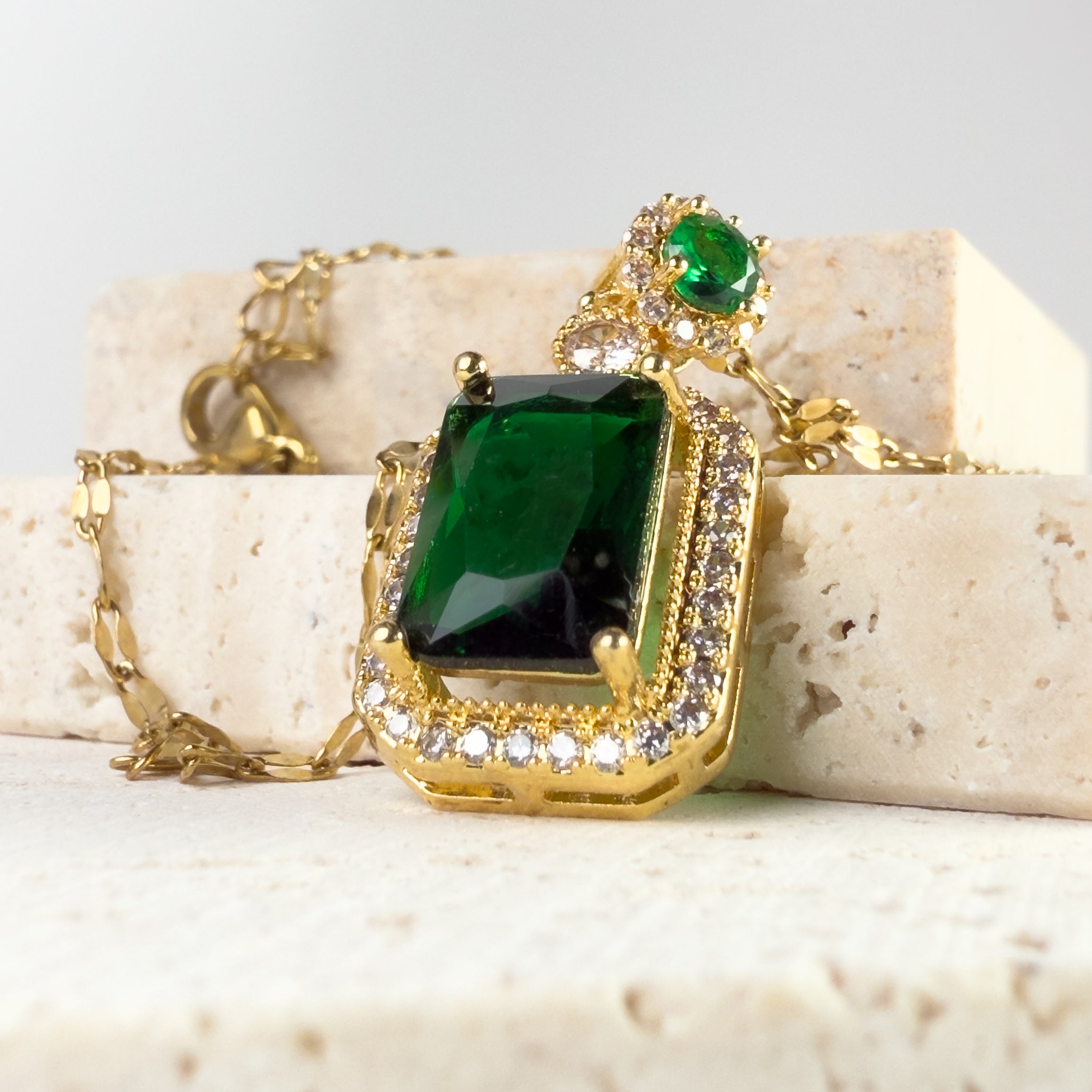 Emerald Green Pendant Necklace with Halo Crystals
