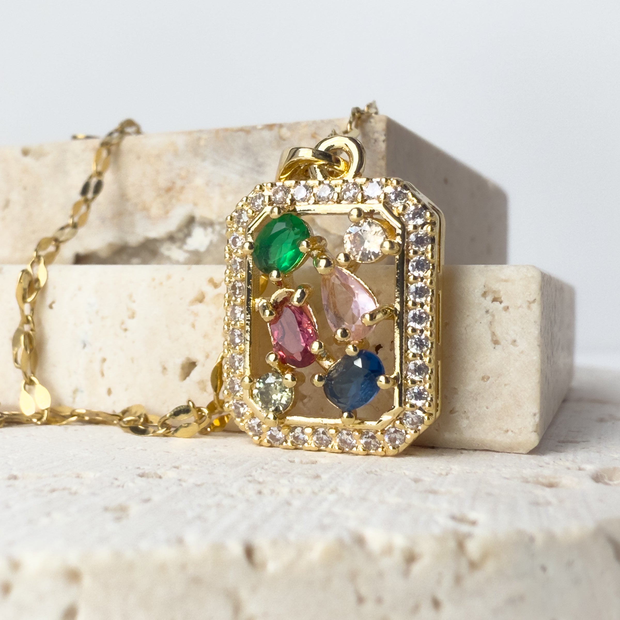 Multicolour Gemstone Necklace in Rectangle Pendant