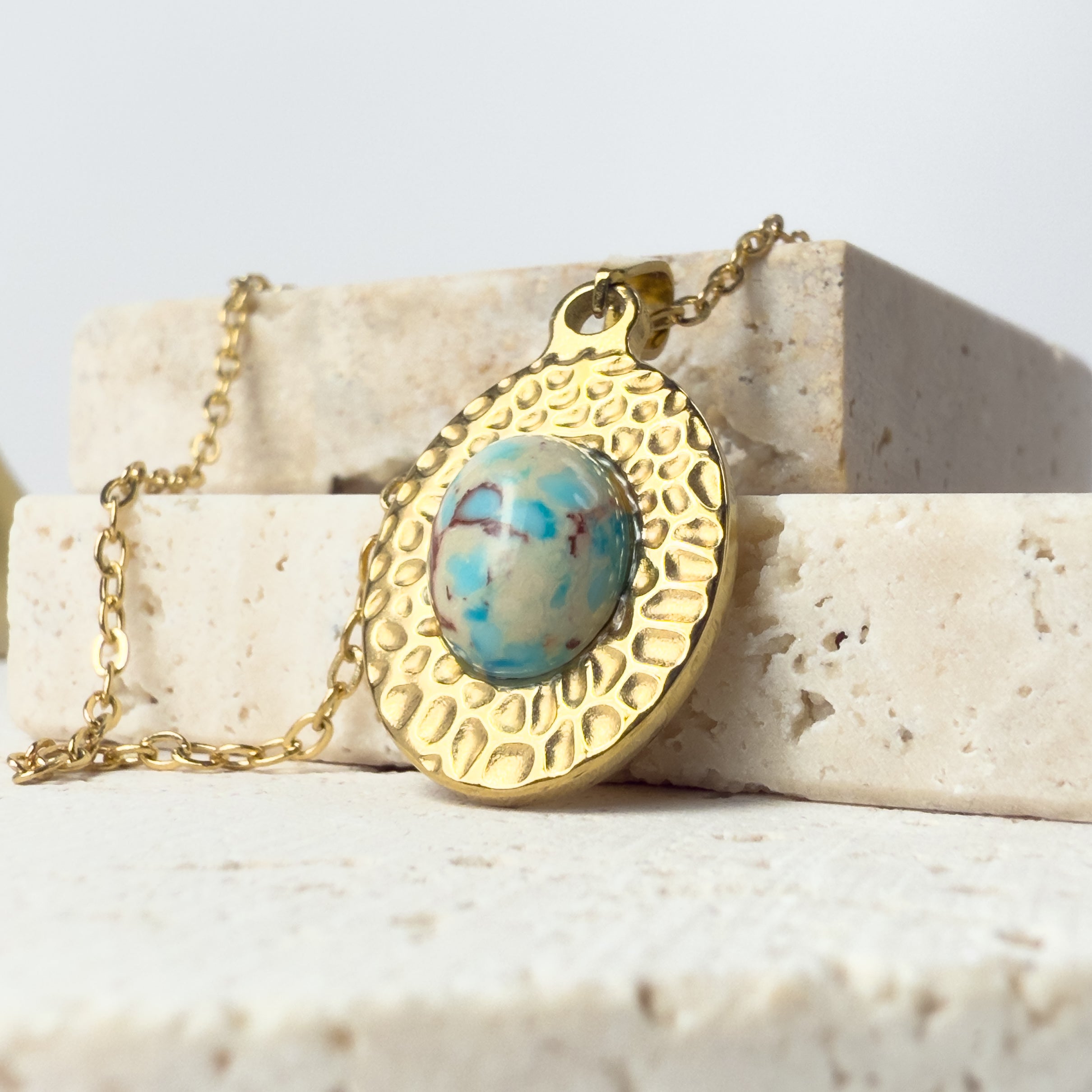 Boho Necklace with Abstract Blue Stone Textured Pendant
